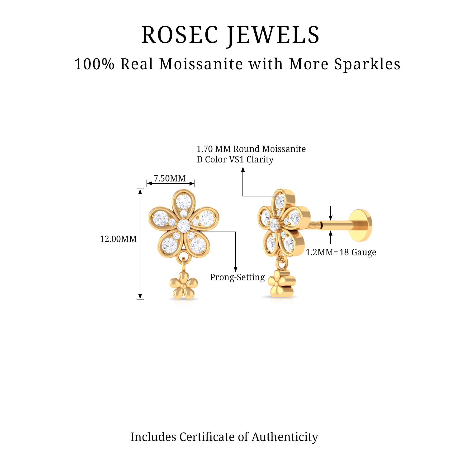 Rosec Jewels-Moissanite Flower Drop Earring for Helix Piercing