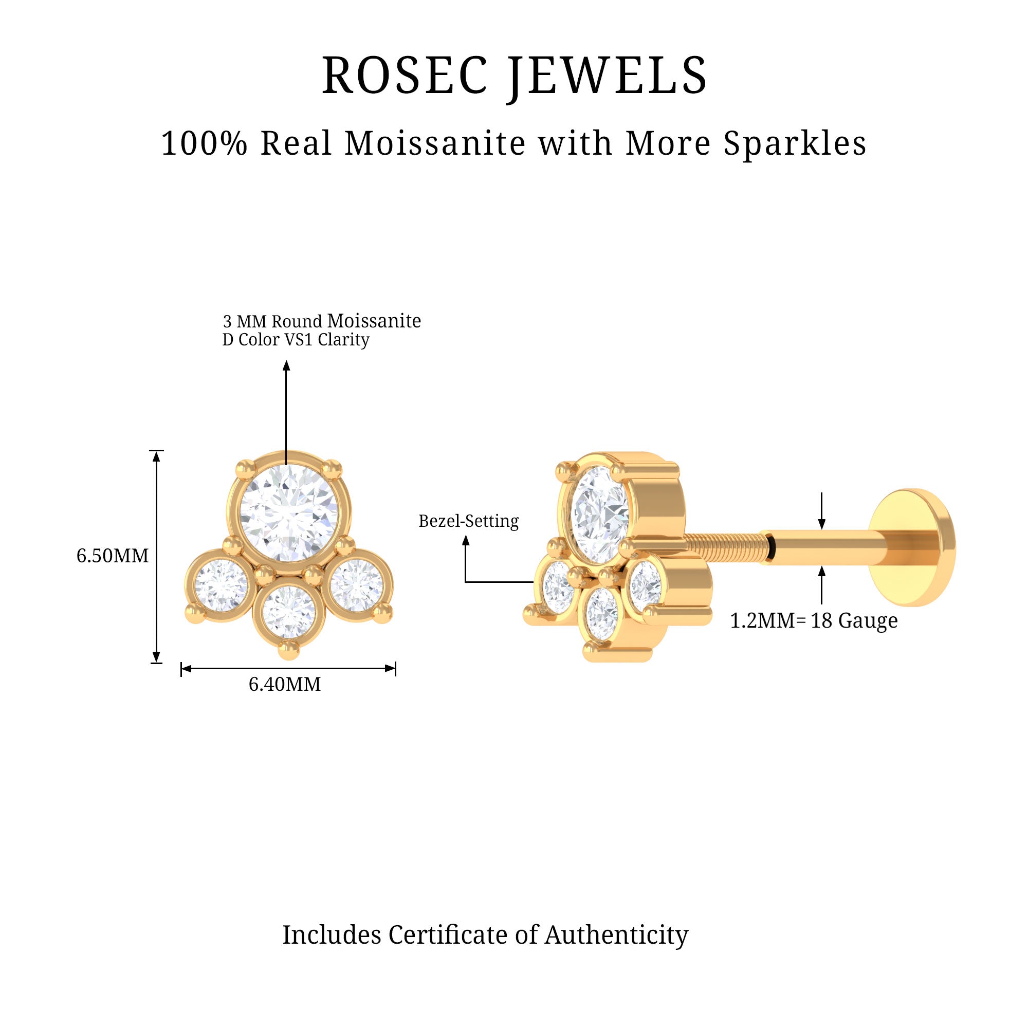 Rosec Jewels-Round Moissanite Cluster Helix Earring in Bezel Setting