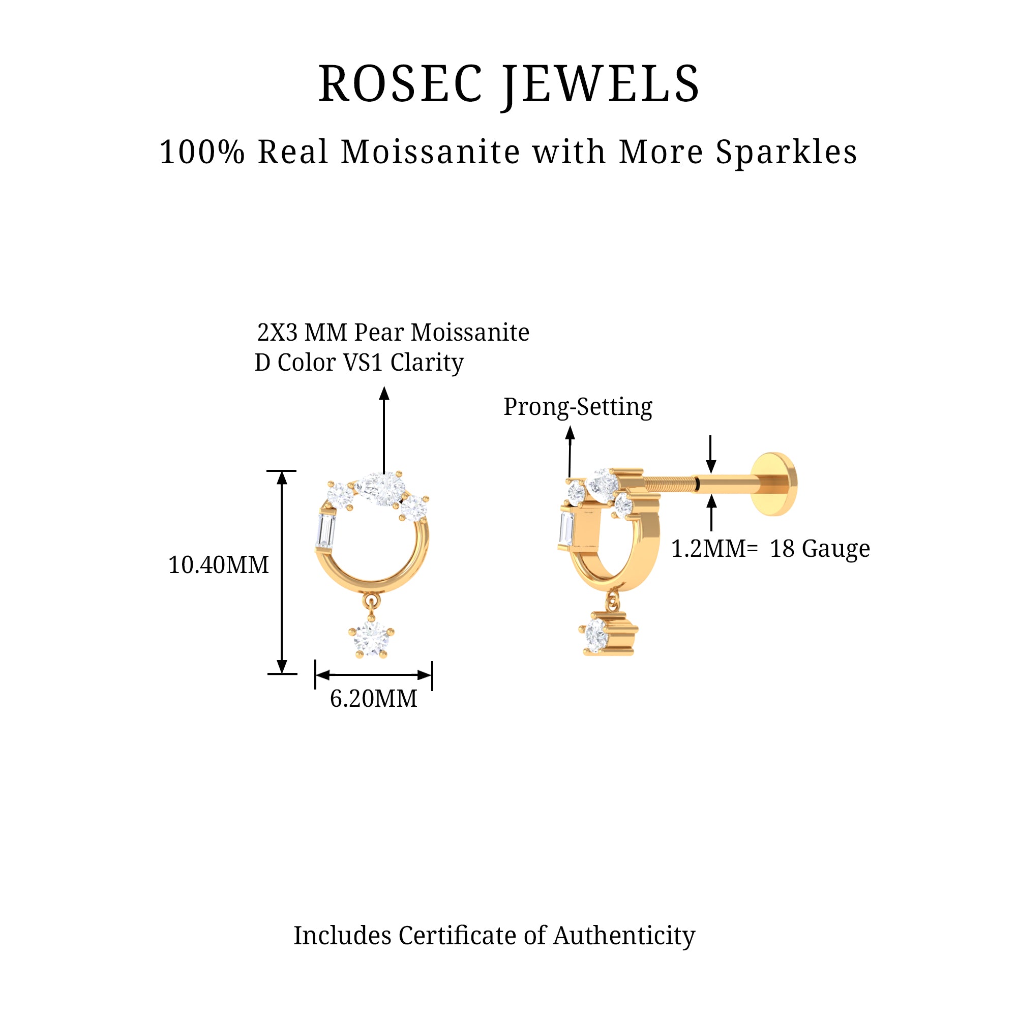 Rosec Jewels-Moissanite Circle Drop Earring for Cartilage Piercing