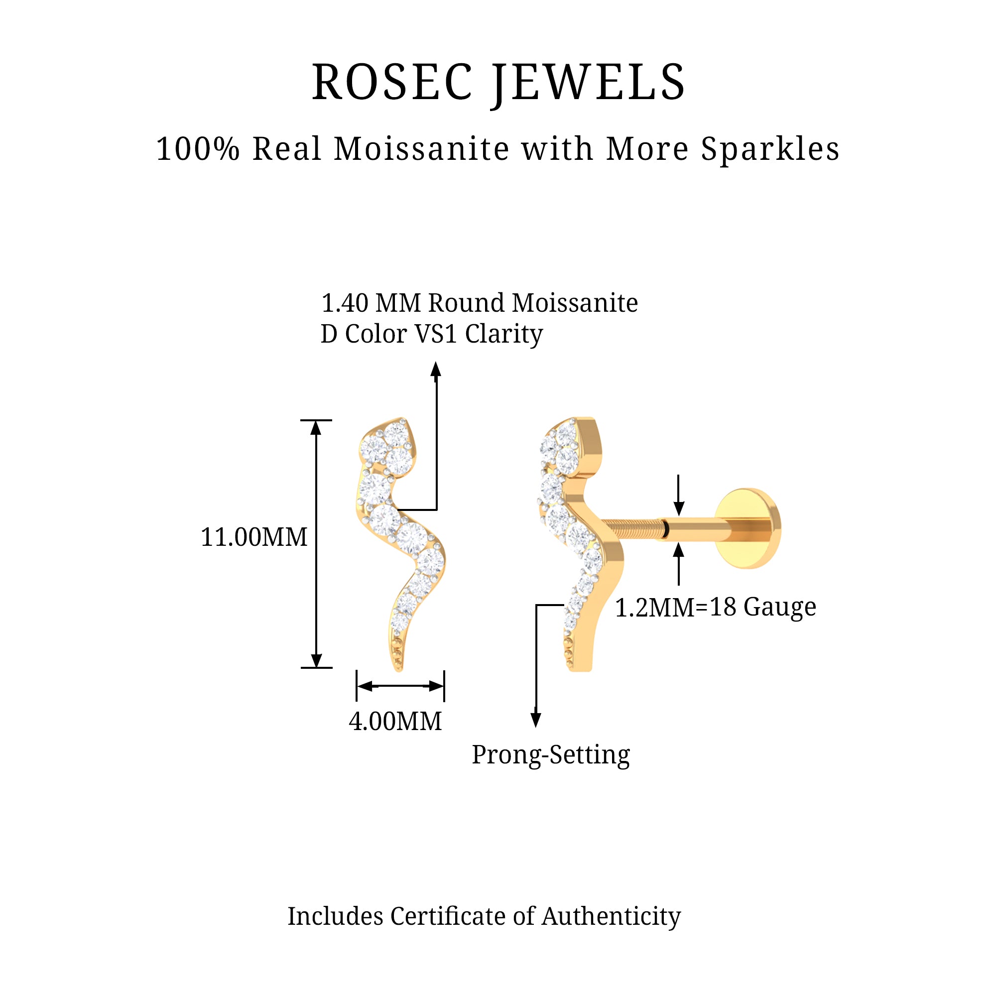 Rosec Jewels-Genuine Moissanite Snake Earring for Cartilage Piercing