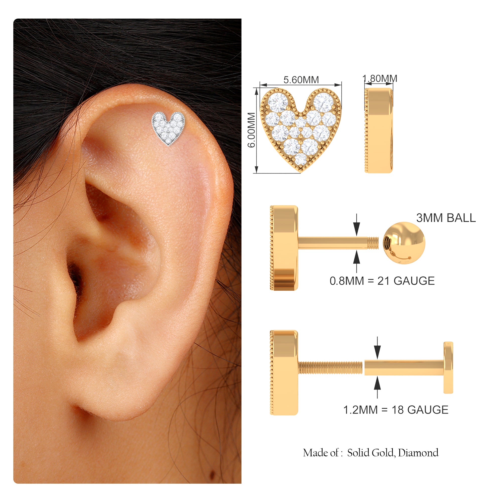 Rosec Jewels-Dainty Moissanite Heart Helix Earring in Gold