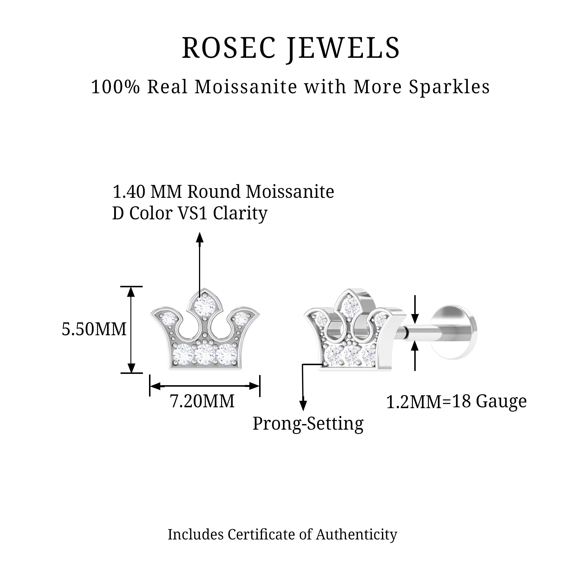 Rosec Jewels-Moissanite Gold Crown Earring for Cartilage Piercing