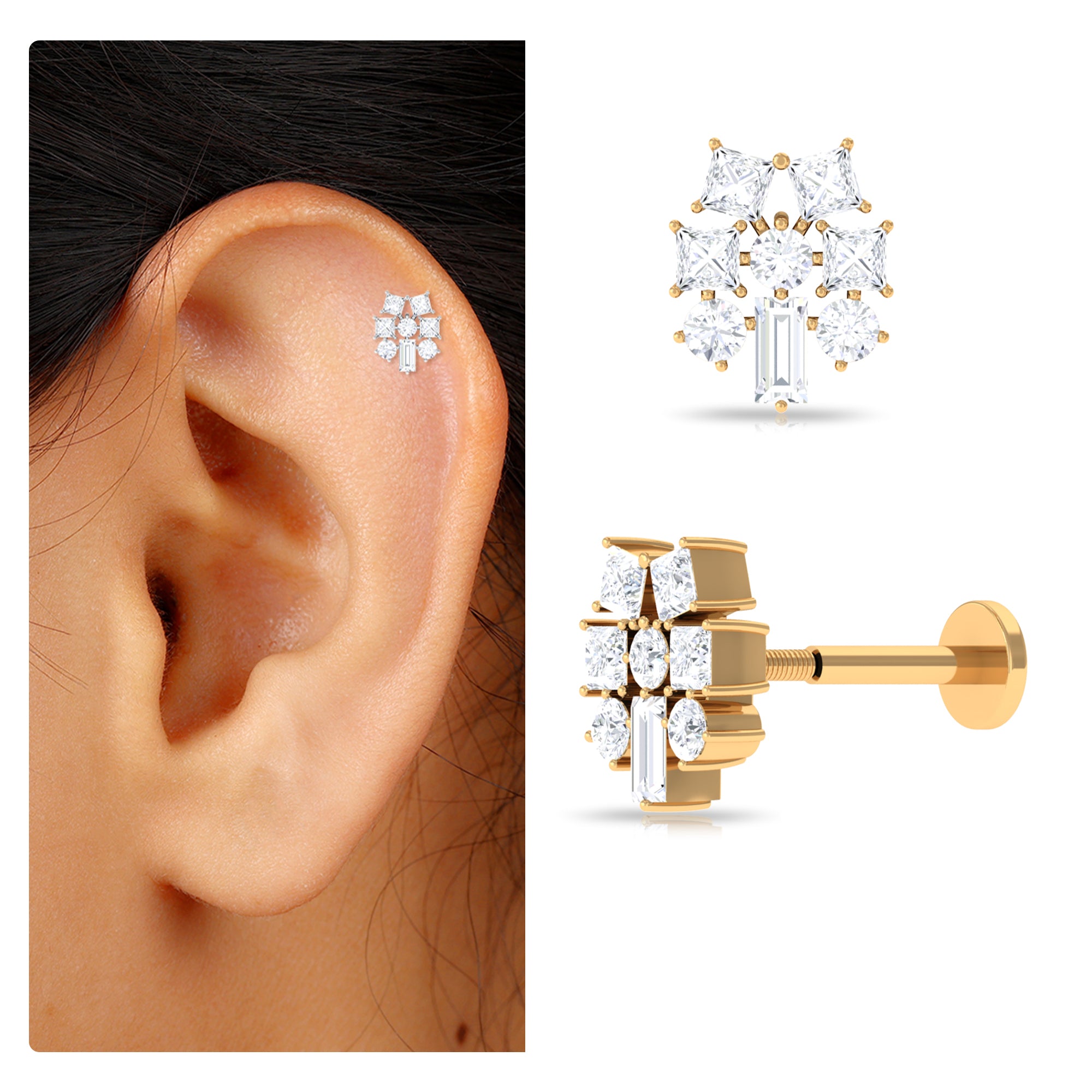 Rosec Jewels-Unique Moissanite Cluster Earring for Upper Lobe Piercing