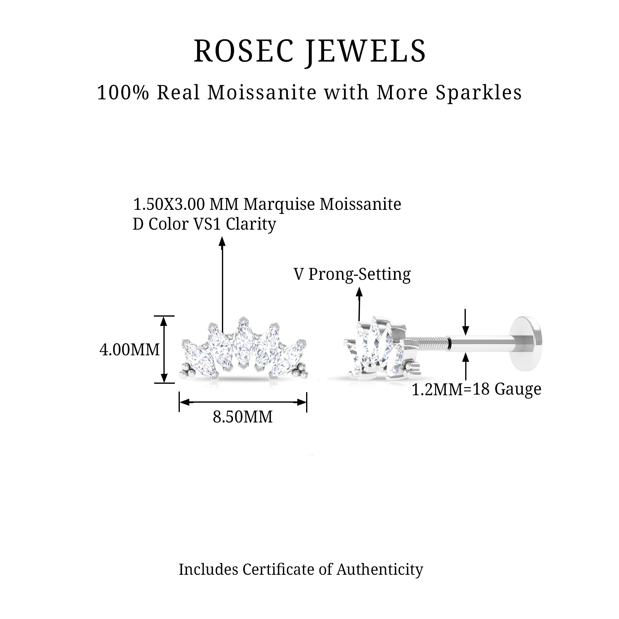 Rosec Jewels-Marquise Moissanite Climber Earring for Cartilage Piercing