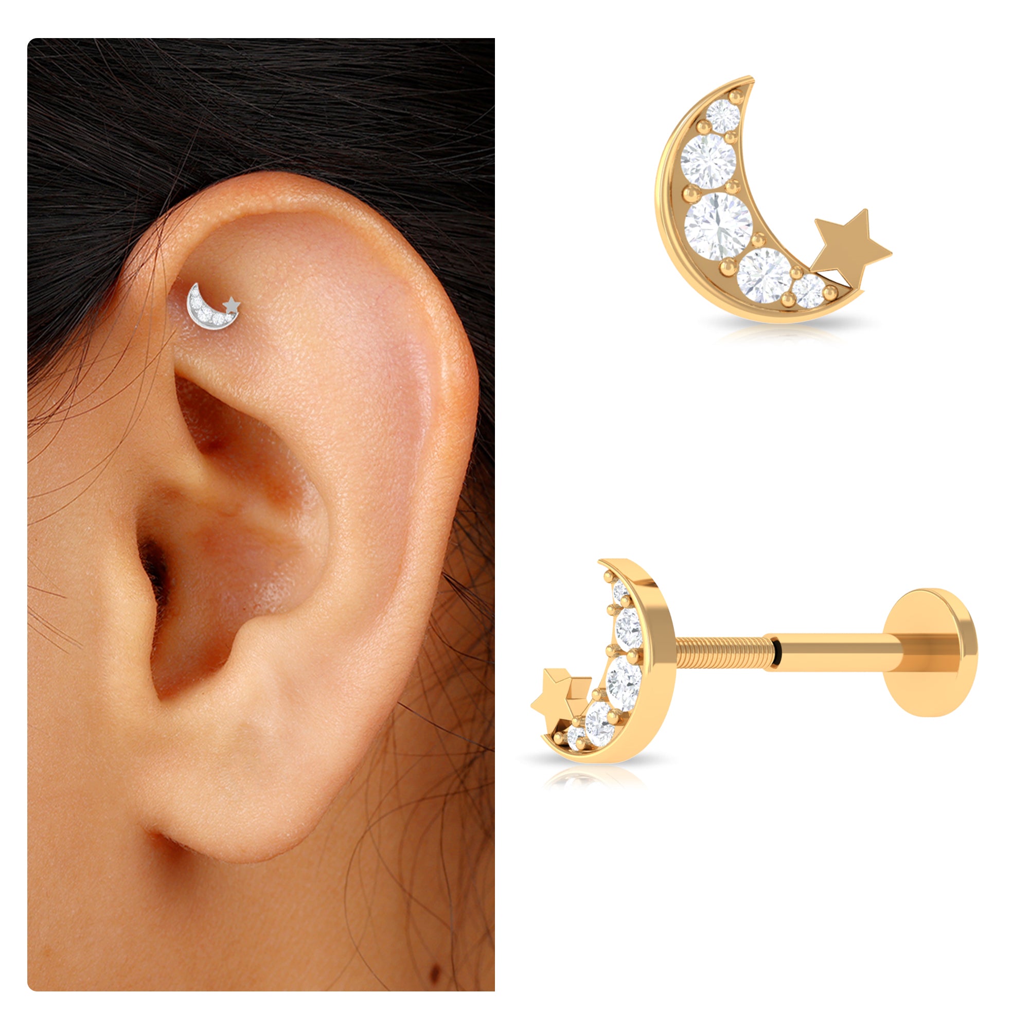 Rosec Jewels-Real Diamond Gold Moon Star Earring for Cartilage Piercing