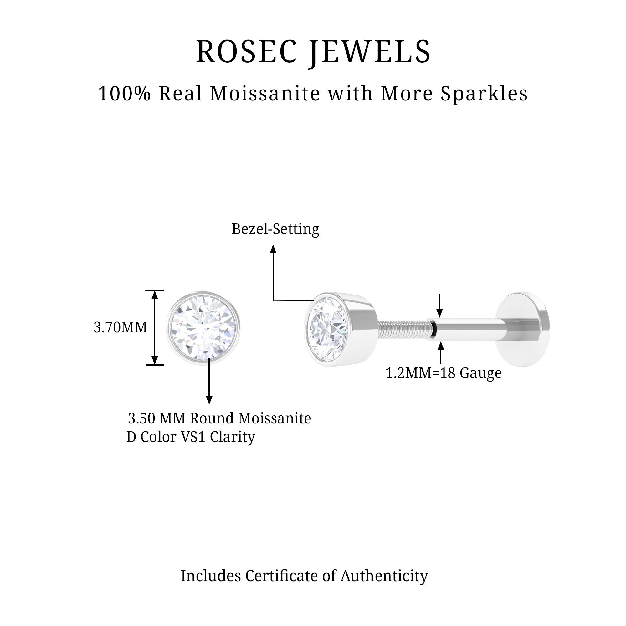 Rosec Jewels-Bezel Set Round Moissanite Earring for Tragus Piercing