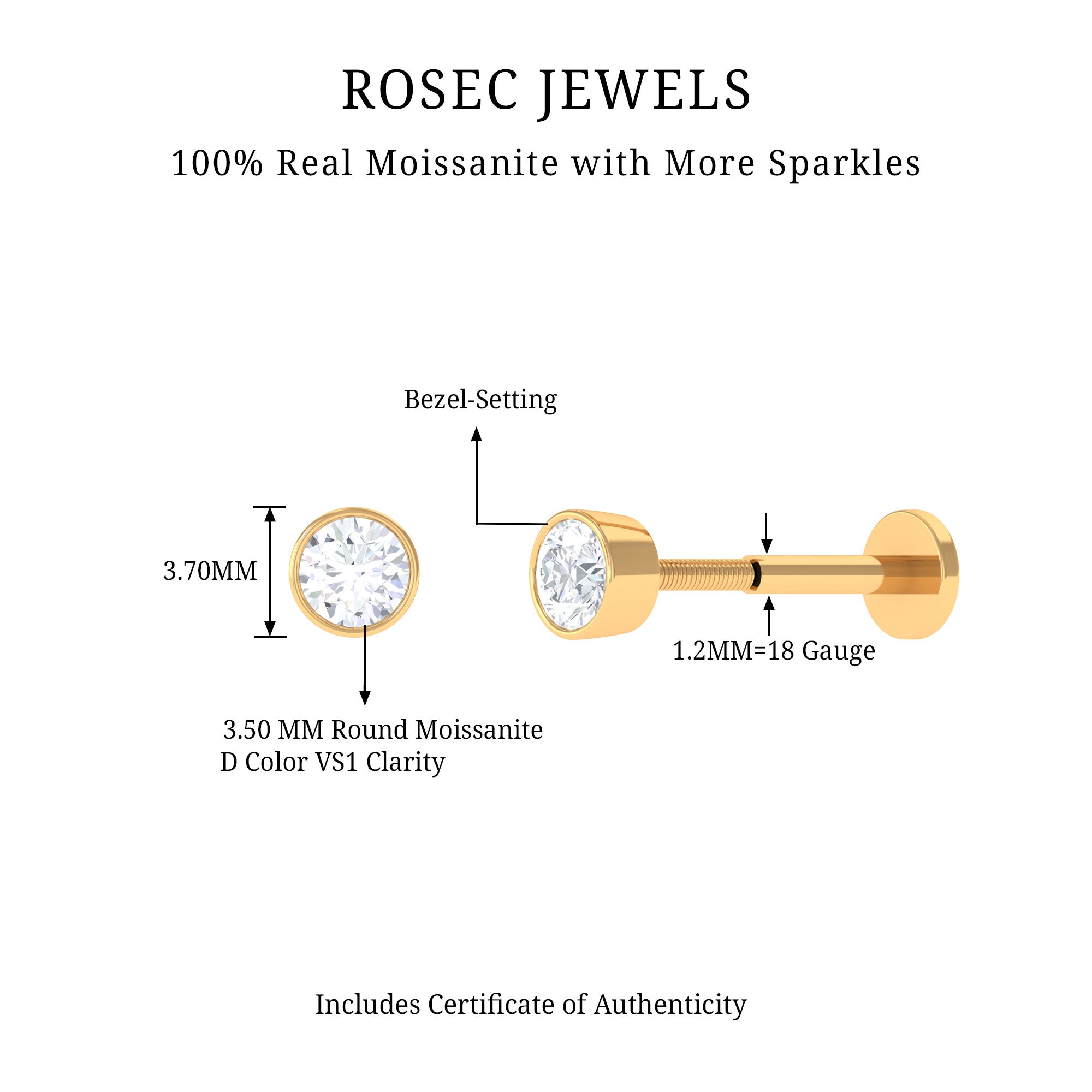 Rosec Jewels-Bezel Set Round Moissanite Earring for Tragus Piercing