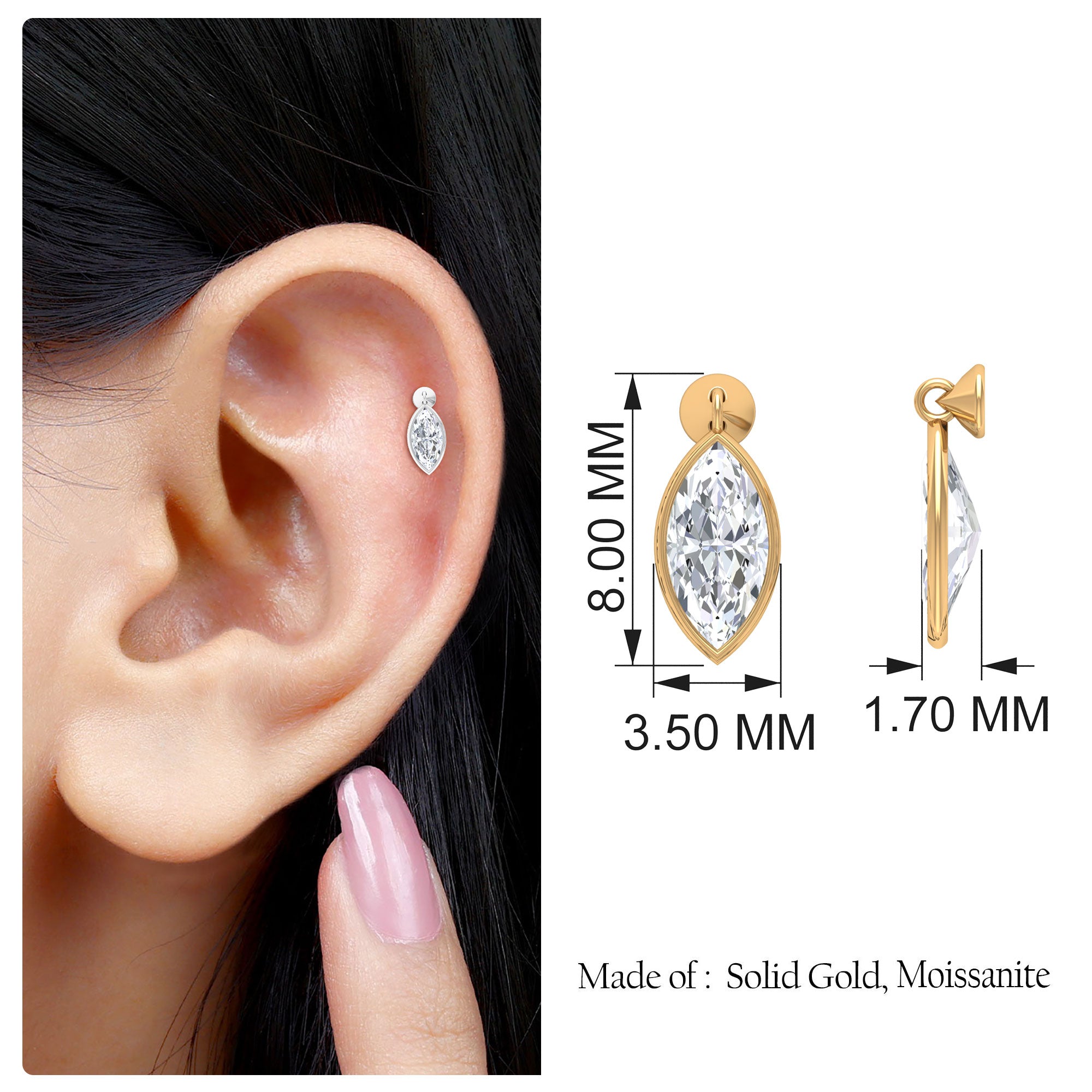 Rosec Jewels-Certified Moissanite Dangling Earring for Helix Piercing