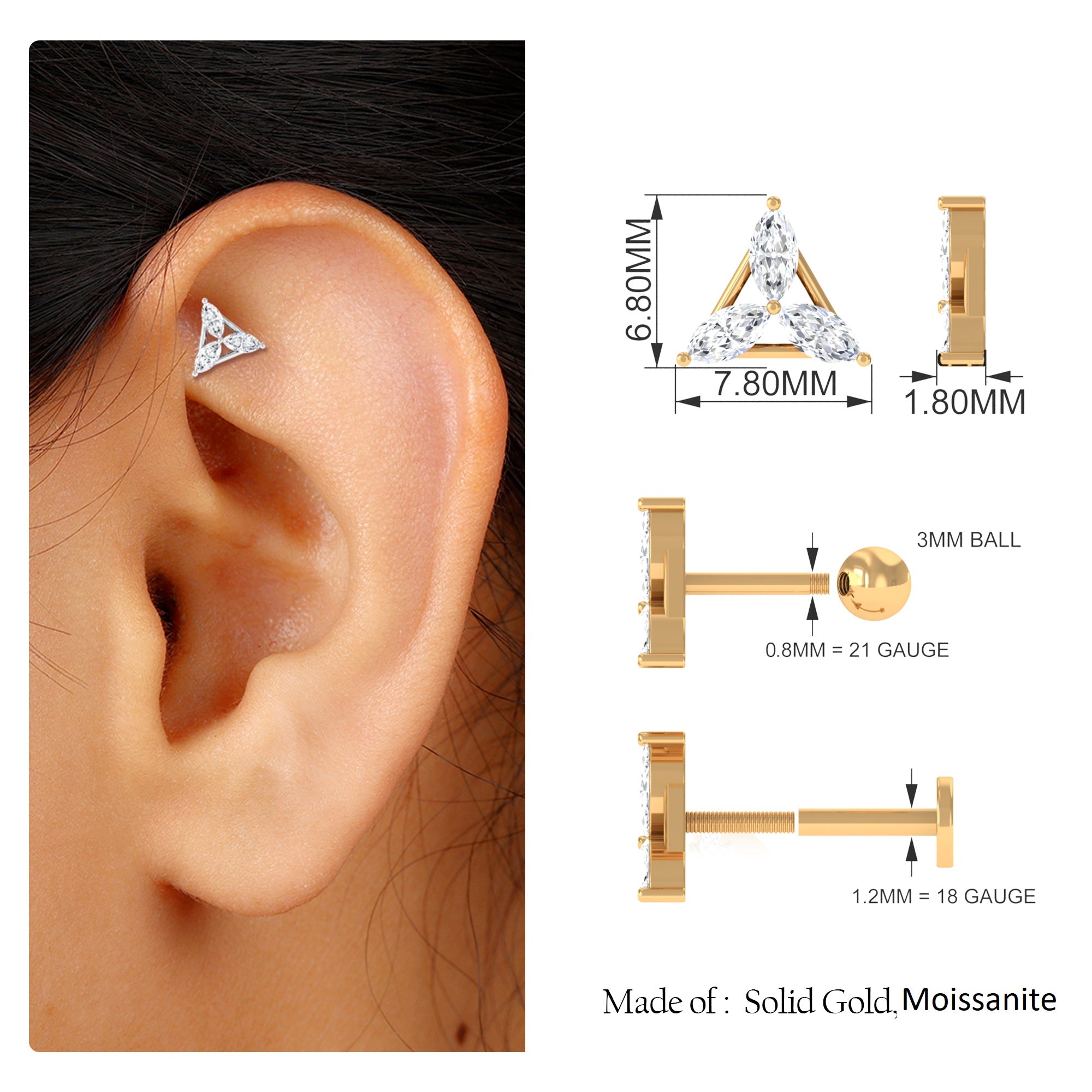 Rosec Jewels-Marquise Moissanite Triangle Cartilage Earring in Gold