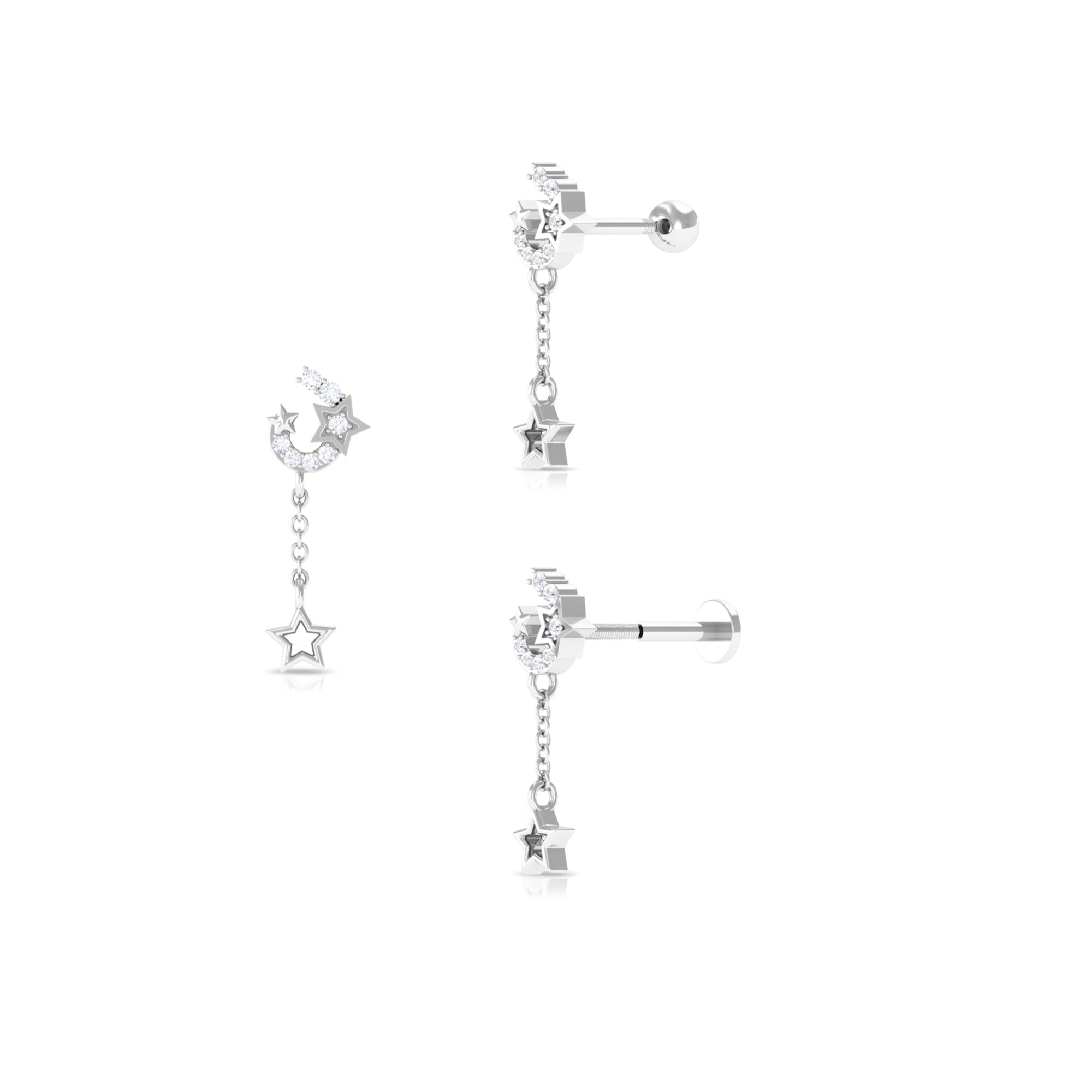 Rosec Jewels-Moissanite Moon and Star Chain Drop Earring for Helix Piercing