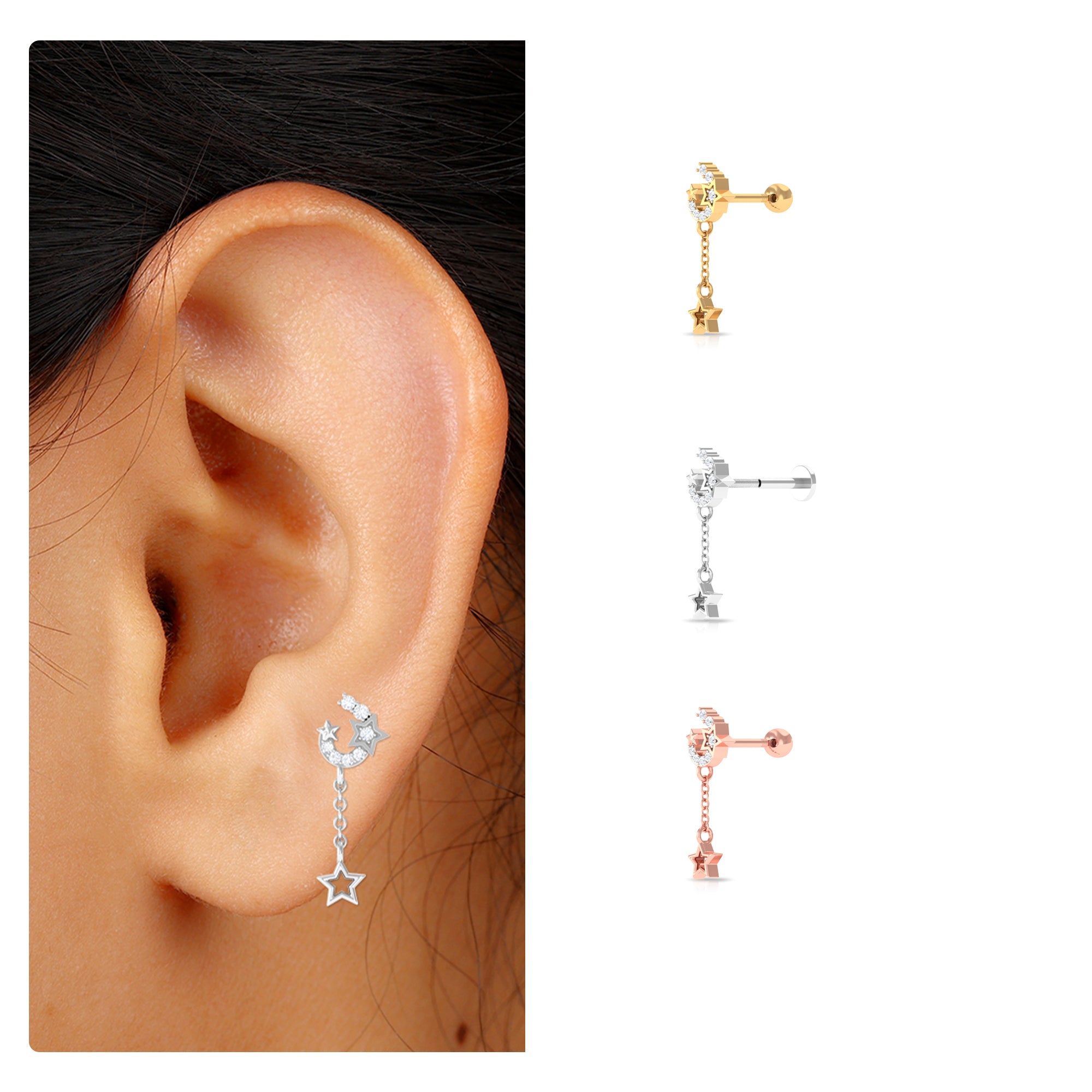 Rosec Jewels-Moissanite Moon and Star Chain Drop Earring for Helix Piercing