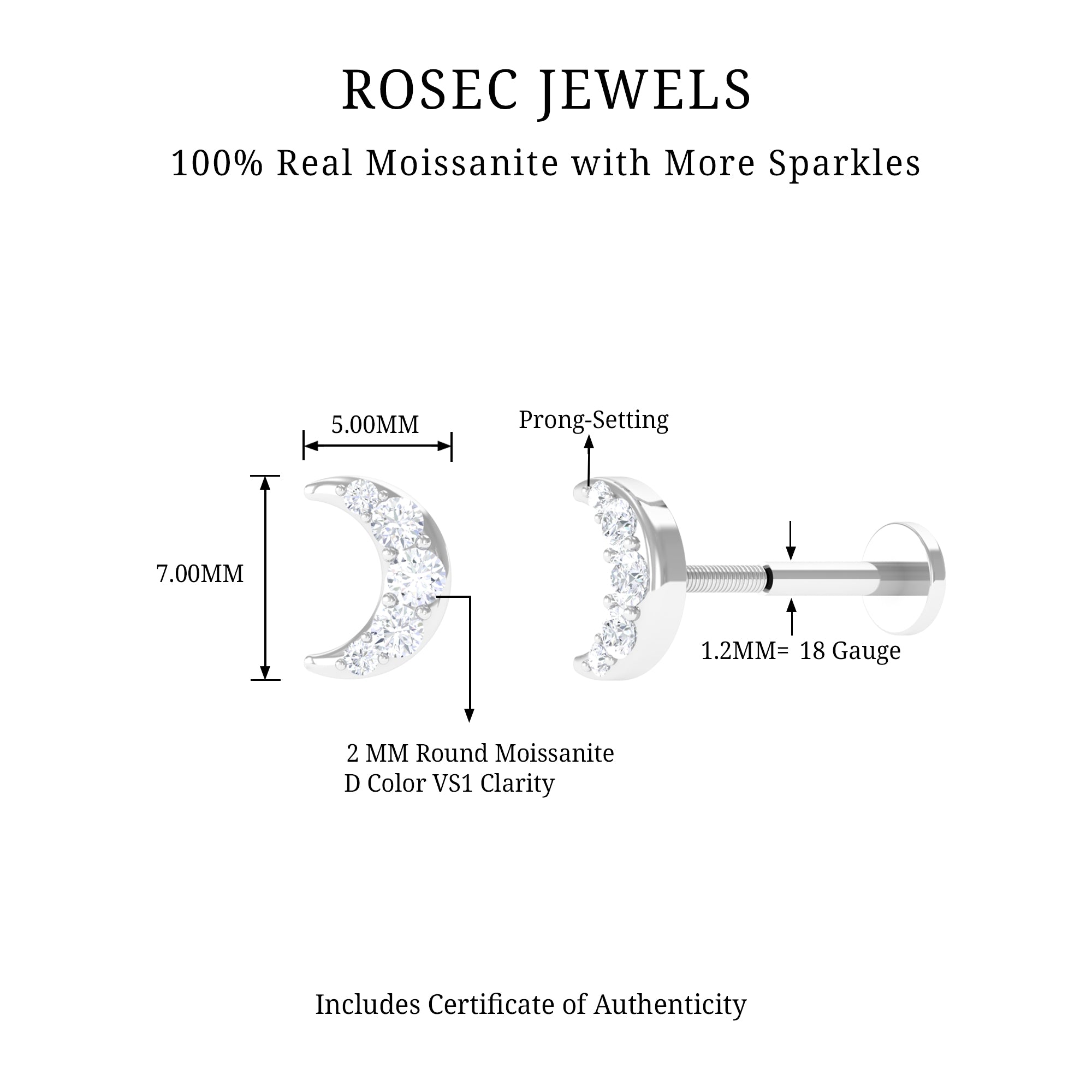 Rosec Jewels-Moissanite Crescent Moon Helix Earring in Gold