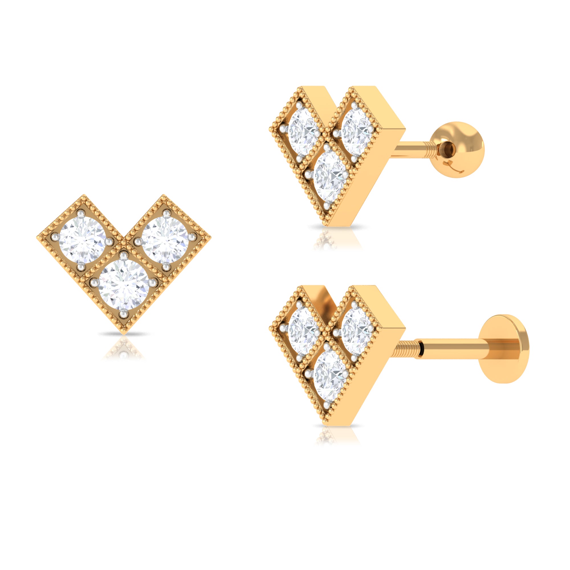 Rosec Jewels-Round Moissanite Chevron Helix Earring with Beaded Gold