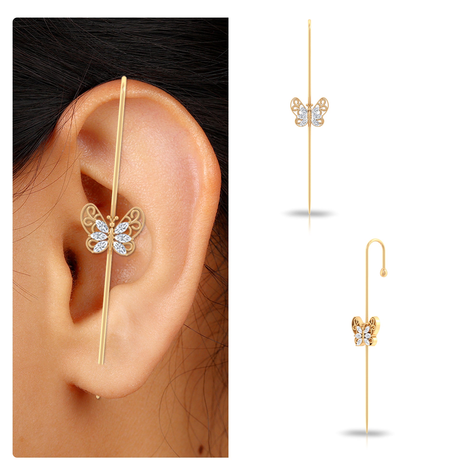 Rosec Jewels-Elegant Certified Moissanite Butterfly Ear Pin Earring