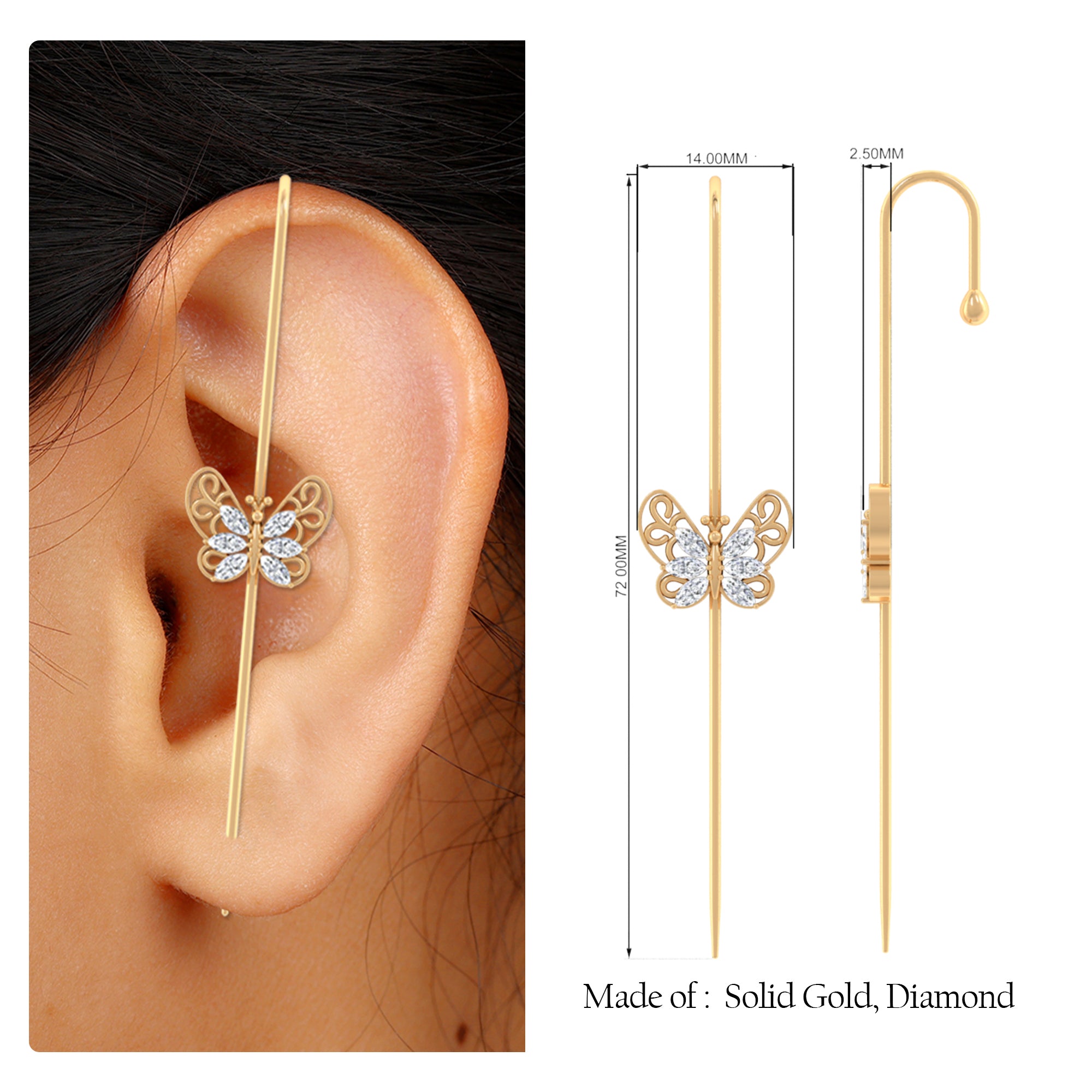 Rosec Jewels-Elegant Certified Moissanite Butterfly Ear Pin Earring