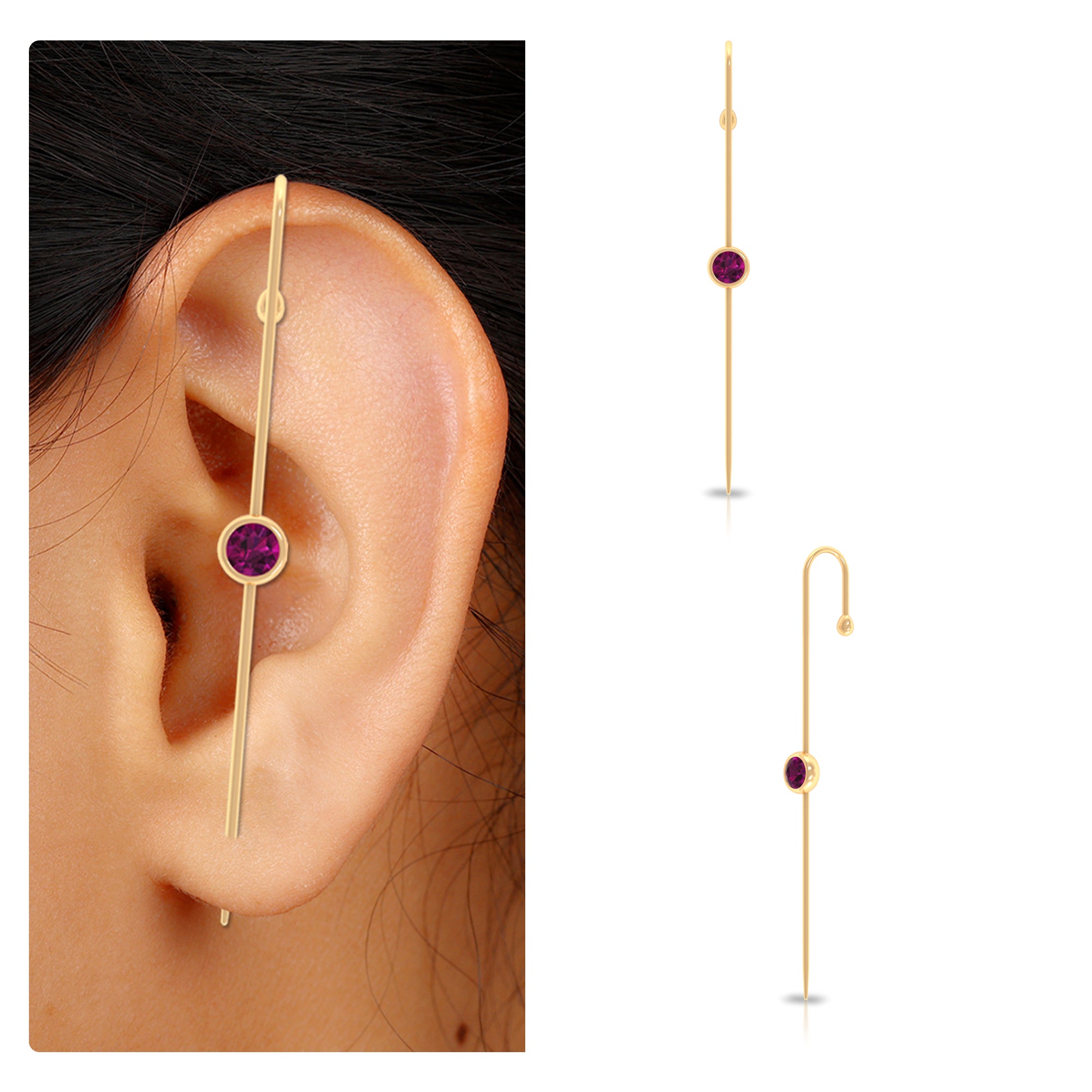 Rosec Jewels-5 MM Round Rhodolite Solitaire Ear Pin in Bezel Setting