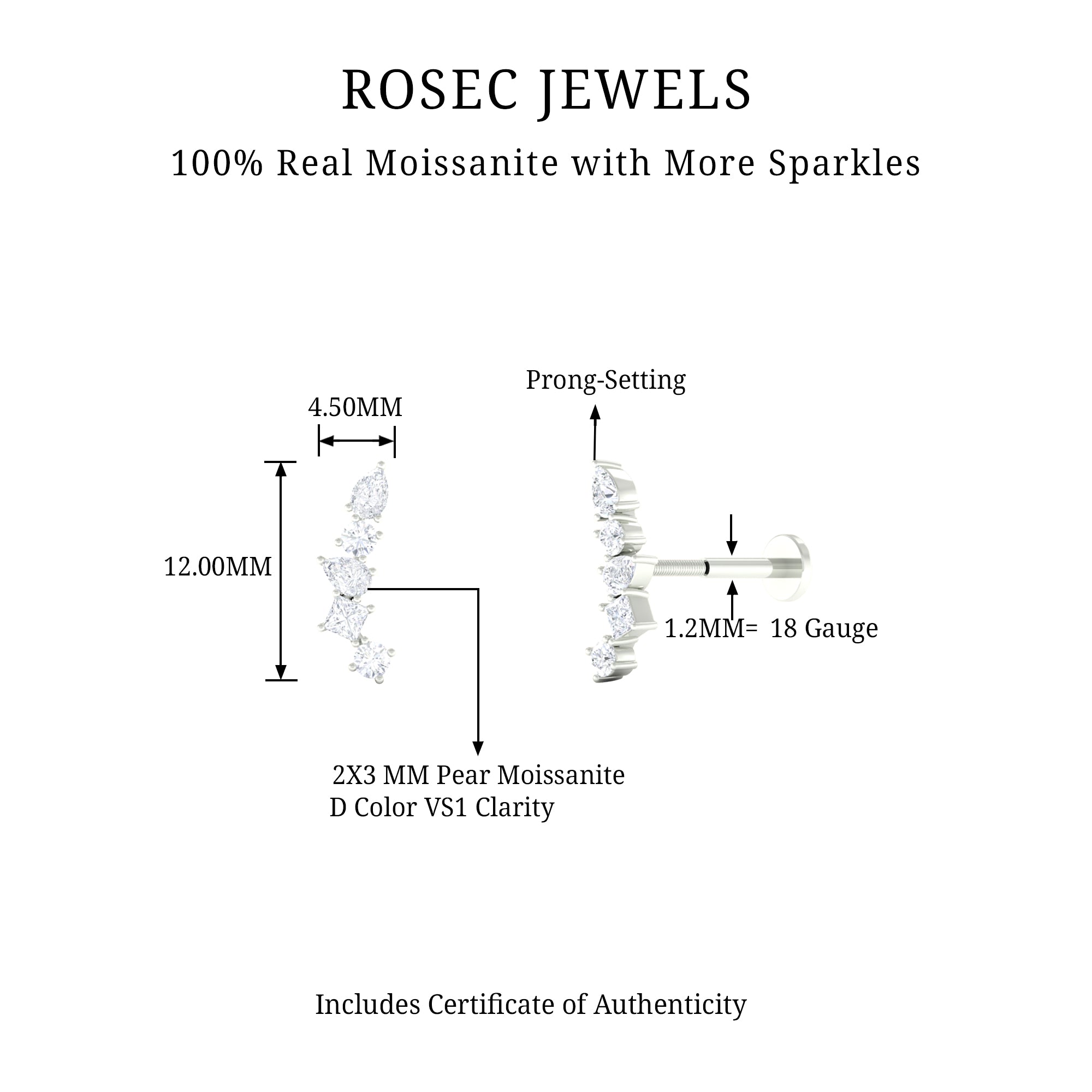 Rosec Jewels-Certified Moissanite Crawler Earring in Prong Setting