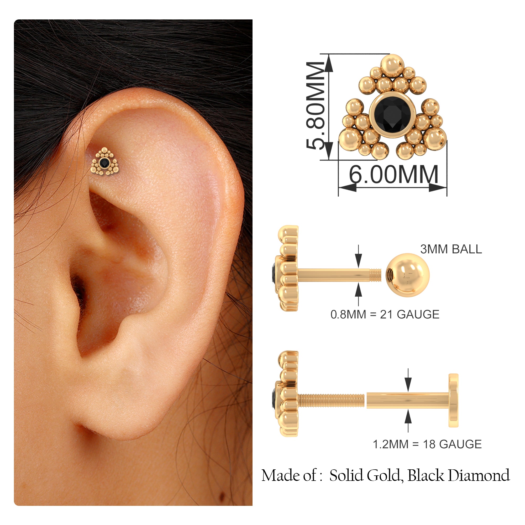 Rosec Jewels-Round Black Diamond Gold Beaded Earring for Helix Piercing