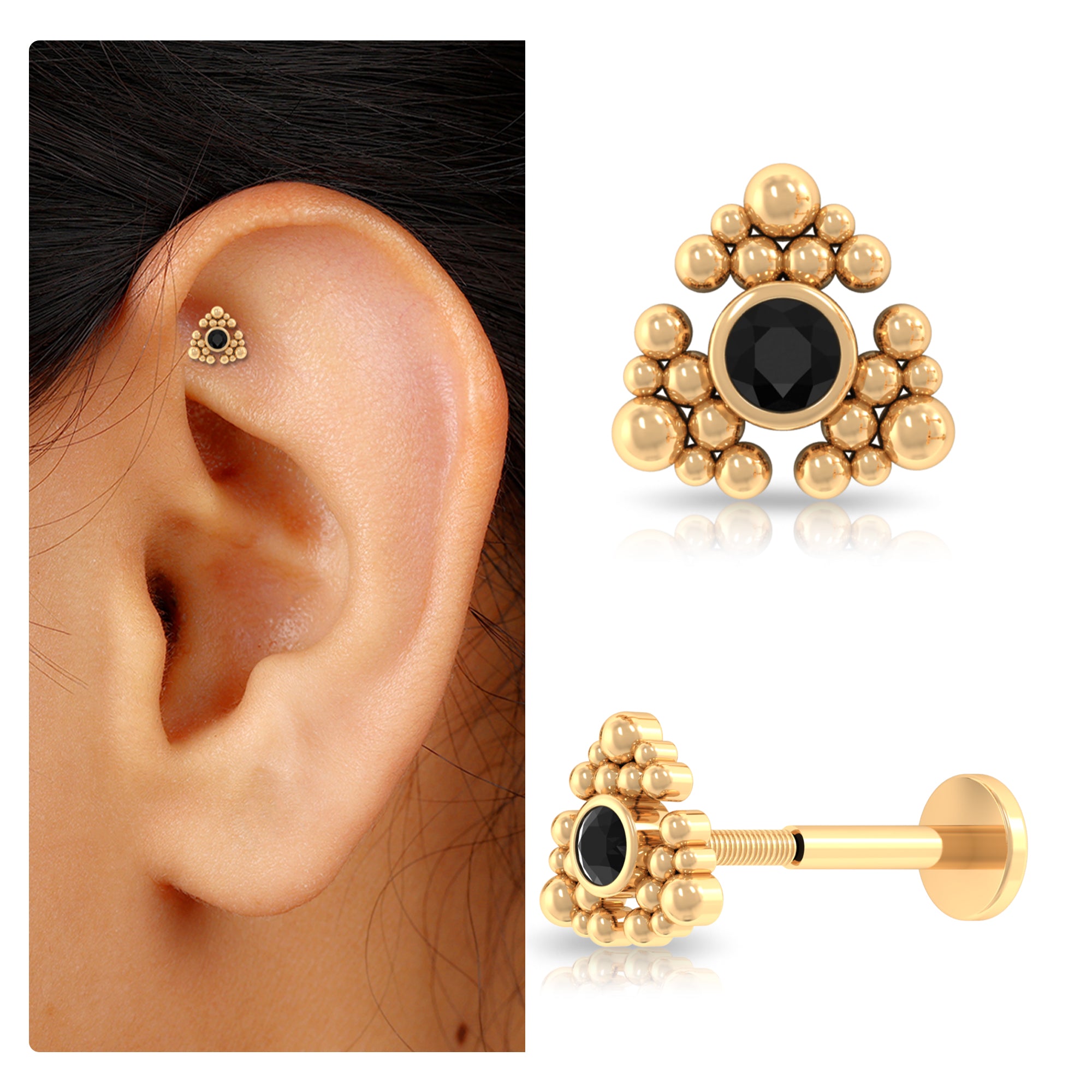 Rosec Jewels-Round Black Diamond Gold Beaded Earring for Helix Piercing