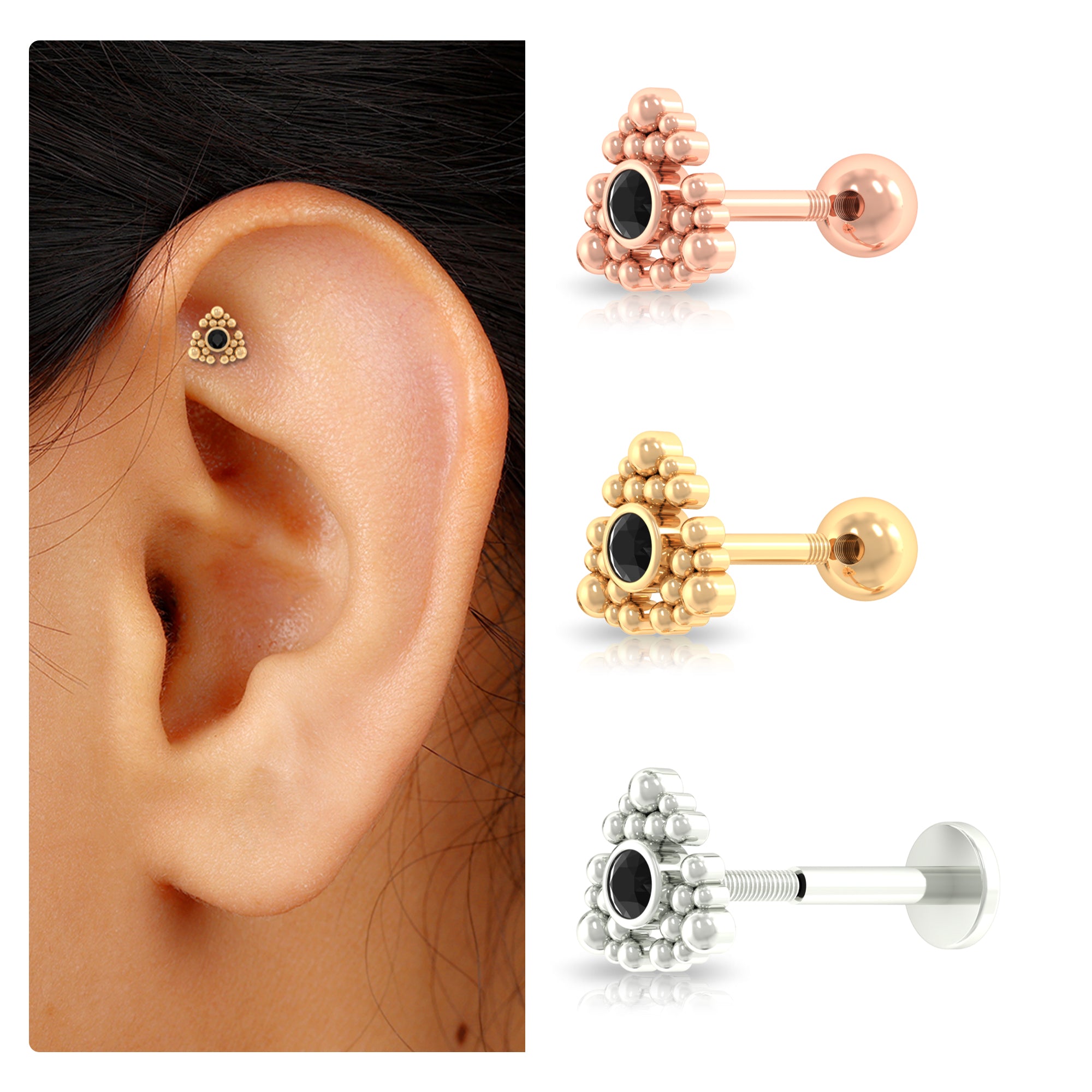 Rosec Jewels-Round Black Diamond Gold Beaded Earring for Helix Piercing