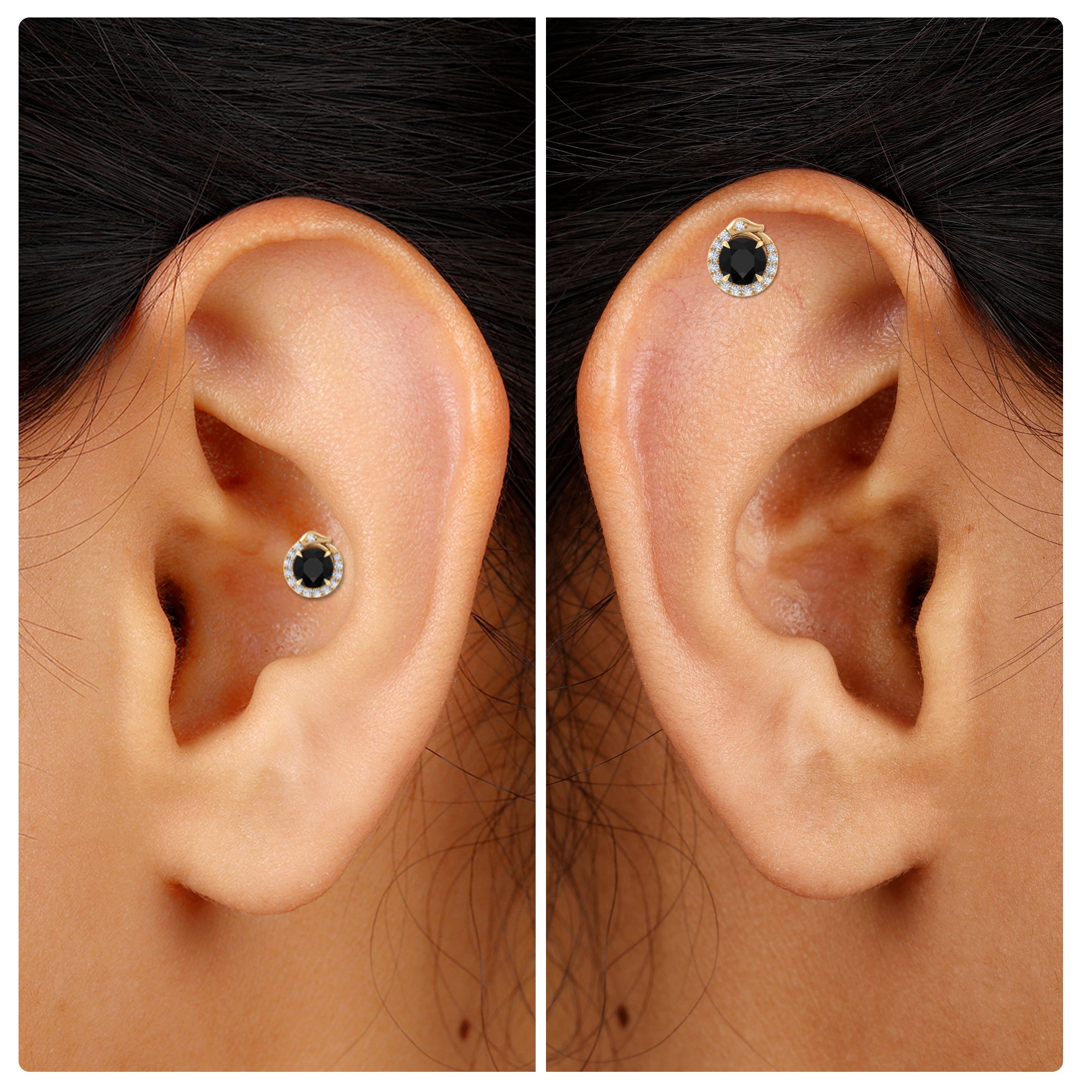 Rosec Jewels-0.75 CT Black Onyx and Moissanite Snake Rook Earring in Gold