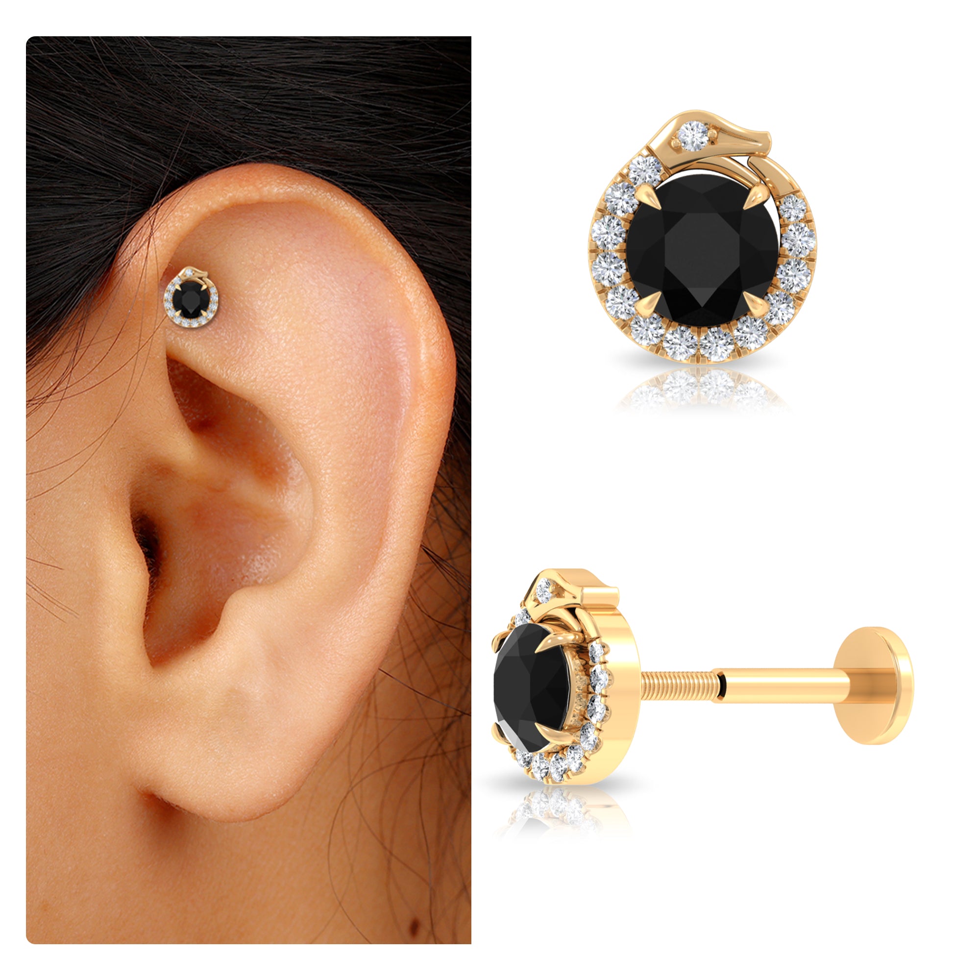 Rosec Jewels-0.75 CT Black Onyx and Moissanite Snake Rook Earring in Gold