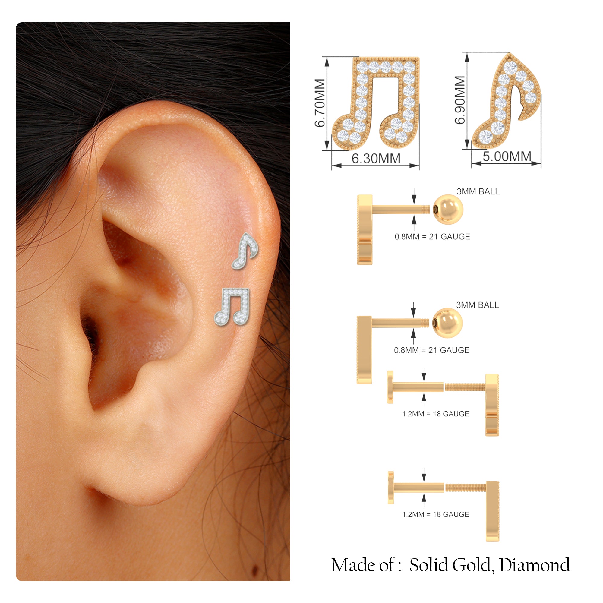 Rosec Jewels-Moissanite Gold Music Note Earring Set for Helix Piercing