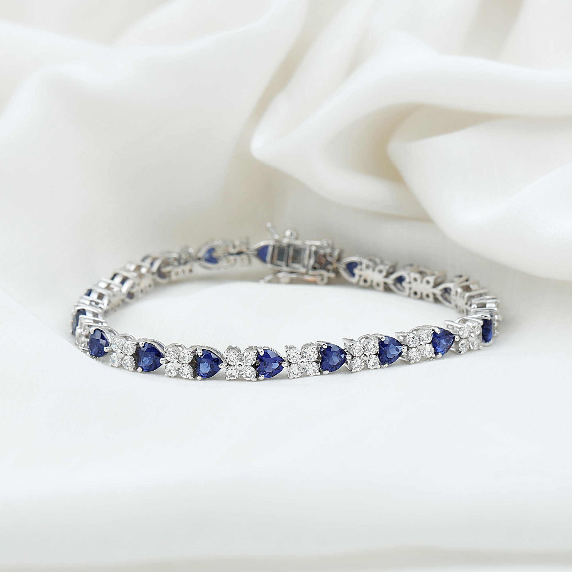 Certified Lab Grown Blue Sapphire And Moissanite Heart Tennis Bracelet Lab Created Blue Sapphire - ( AAAA ) - Quality - Rosec Jewels