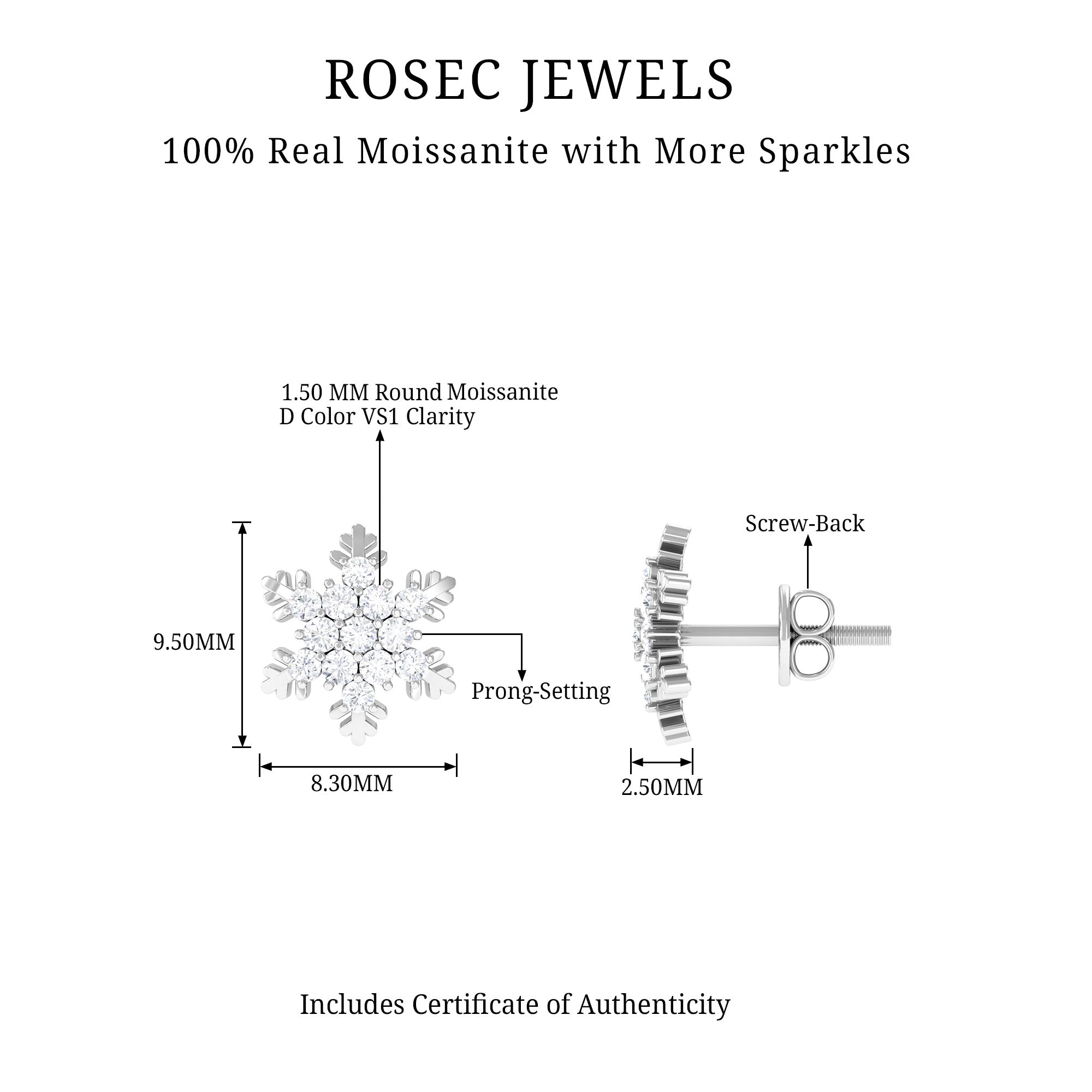 Rosec Jewels-1/2 CT Moissanite Cluster Snowflake Stud Earrings