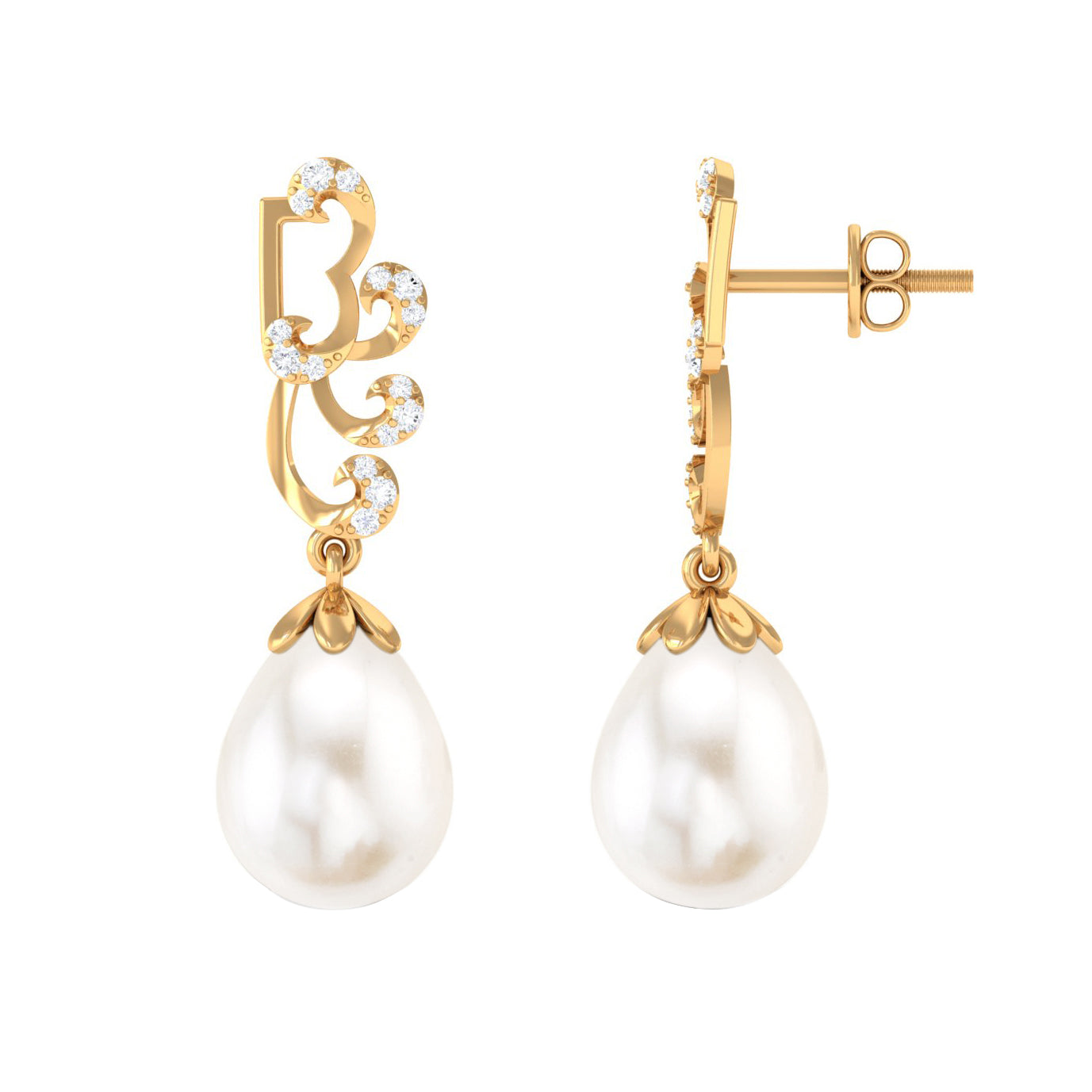 Freshwater Pearl Drop Earrings with Diamond Stones Freshwater Pearl - ( AAA ) - Quality - Rosec Jewels