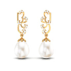 Freshwater Pearl Drop Earrings with Diamond Stones Freshwater Pearl - ( AAA ) - Quality - Rosec Jewels