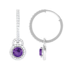 Amethyst Drop Hoop Earrings with Moissanite Halo Amethyst - ( AAA ) - Quality - Rosec Jewels