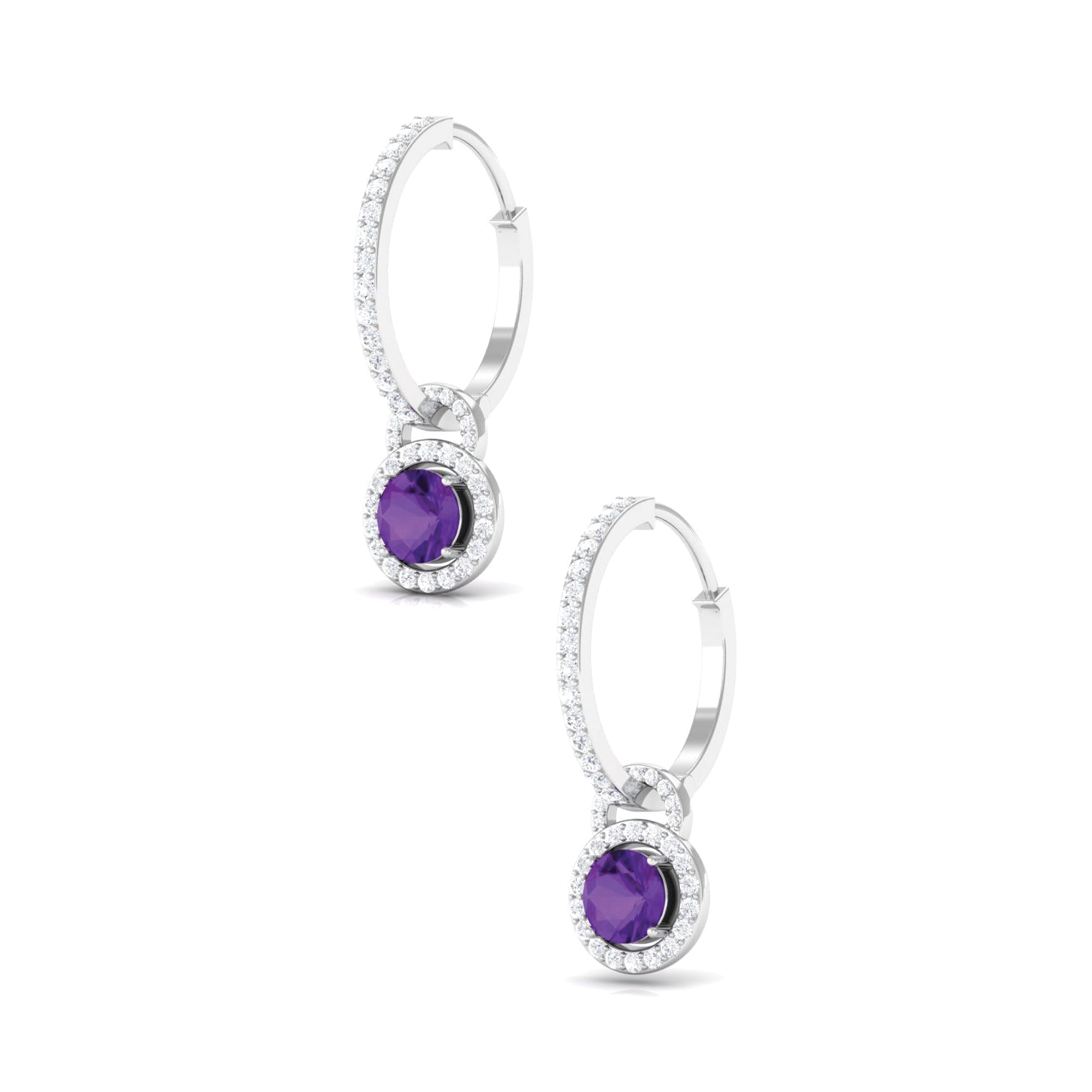 Amethyst Drop Hoop Earrings with Moissanite Halo Amethyst - ( AAA ) - Quality - Rosec Jewels