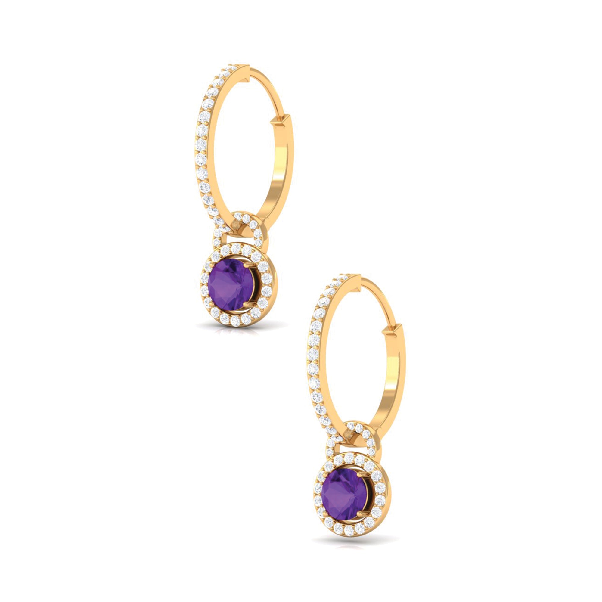 Amethyst Drop Hoop Earrings with Moissanite Halo Amethyst - ( AAA ) - Quality - Rosec Jewels