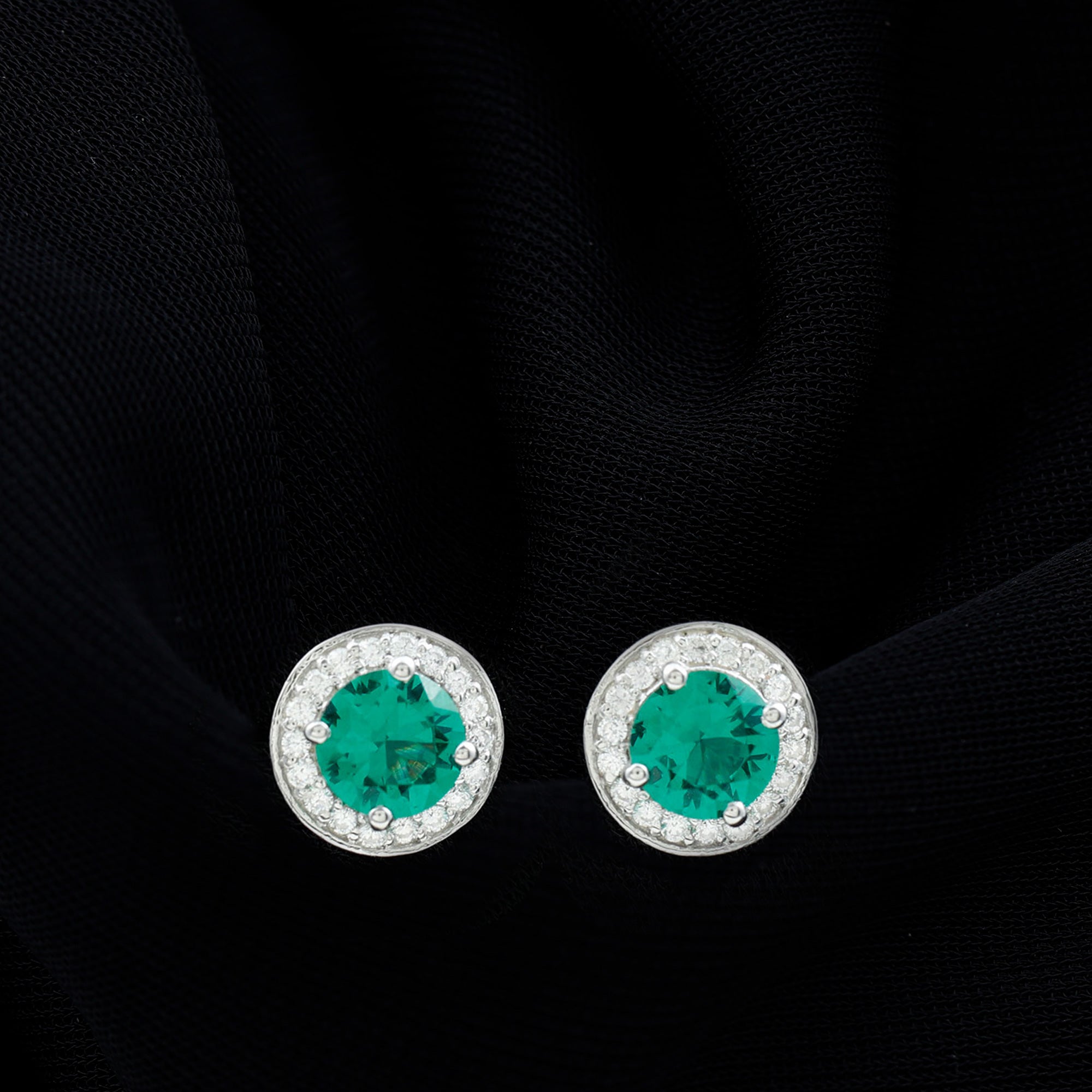 2-Carat Round Lab Created Emerald Stud Earrings With Diamond Halo Lab Created Emerald - ( AAAA ) - Quality - Rosec Jewels