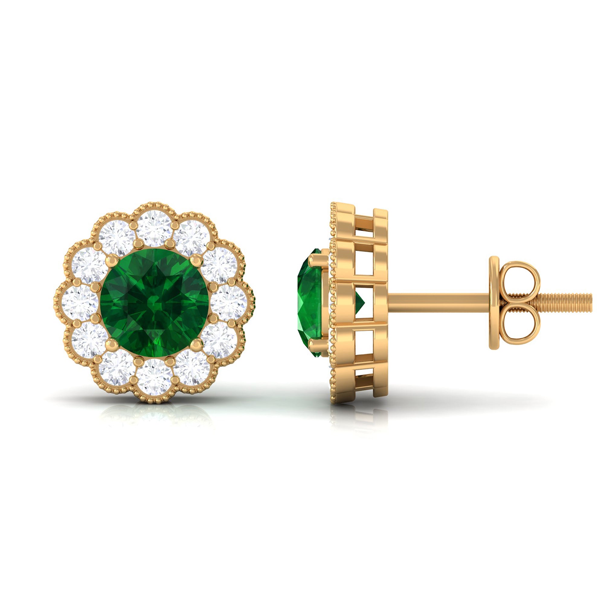 Lab Created Emerald Floral Halo Stud Earrings with Diamond Lab Created Emerald - ( AAAA ) - Quality - Rosec Jewels