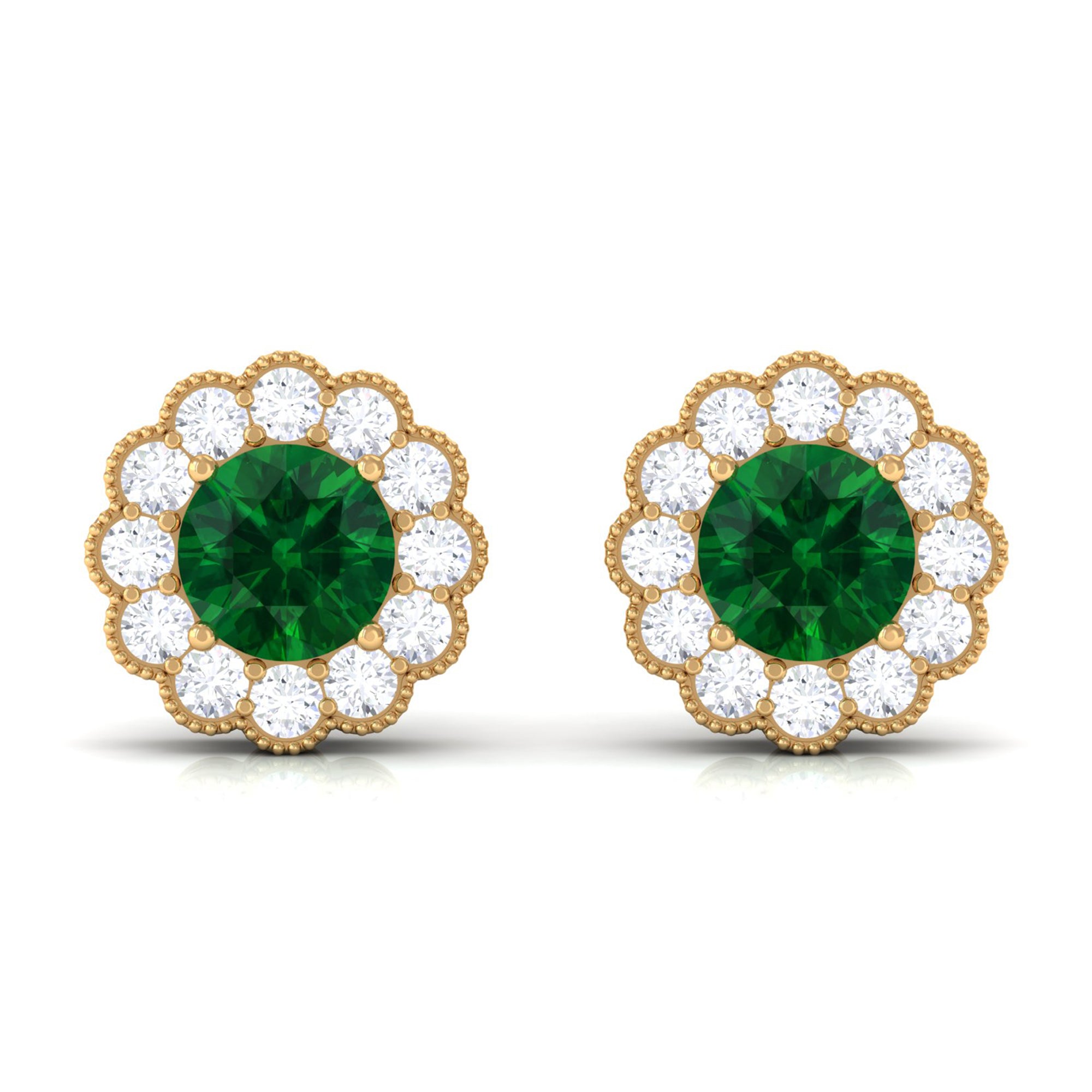 Lab Created Emerald Floral Halo Stud Earrings with Diamond Lab Created Emerald - ( AAAA ) - Quality - Rosec Jewels