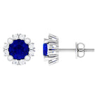 Designer Created Blue Sapphire and Diamond Halo Stud Earrings Lab Created Blue Sapphire - ( AAAA ) - Quality - Rosec Jewels