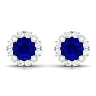 Designer Created Blue Sapphire and Diamond Halo Stud Earrings Lab Created Blue Sapphire - ( AAAA ) - Quality - Rosec Jewels