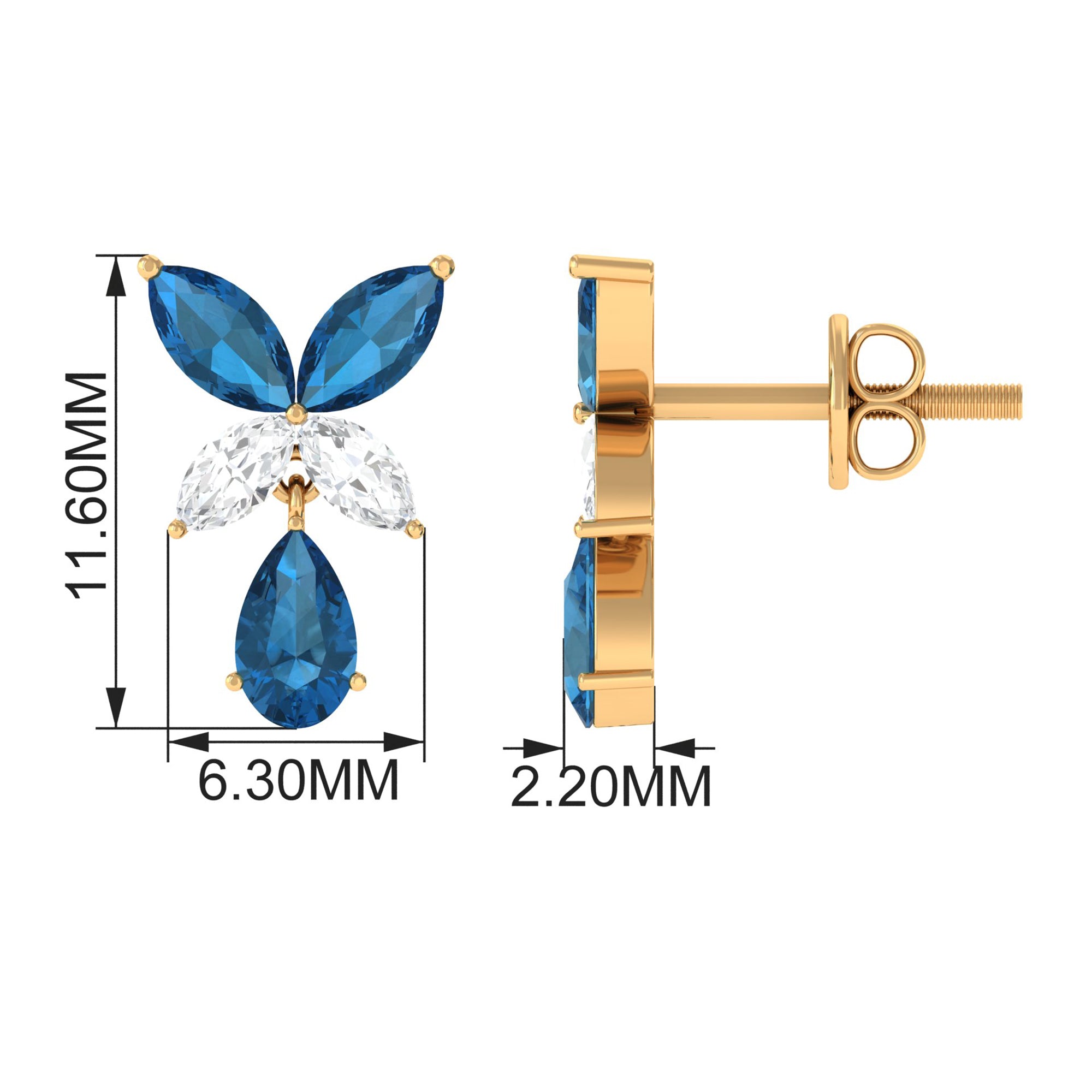 London Blue Topaz and Moissanite Flower Drop Earrings London Blue Topaz - ( AAA ) - Quality - Rosec Jewels