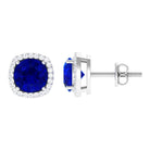 Created Blue Sapphire Stud Earrings with Diamond Halo Lab Created Blue Sapphire - ( AAAA ) - Quality - Rosec Jewels