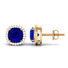 Created Blue Sapphire Stud Earrings with Diamond Halo Lab Created Blue Sapphire - ( AAAA ) - Quality - Rosec Jewels