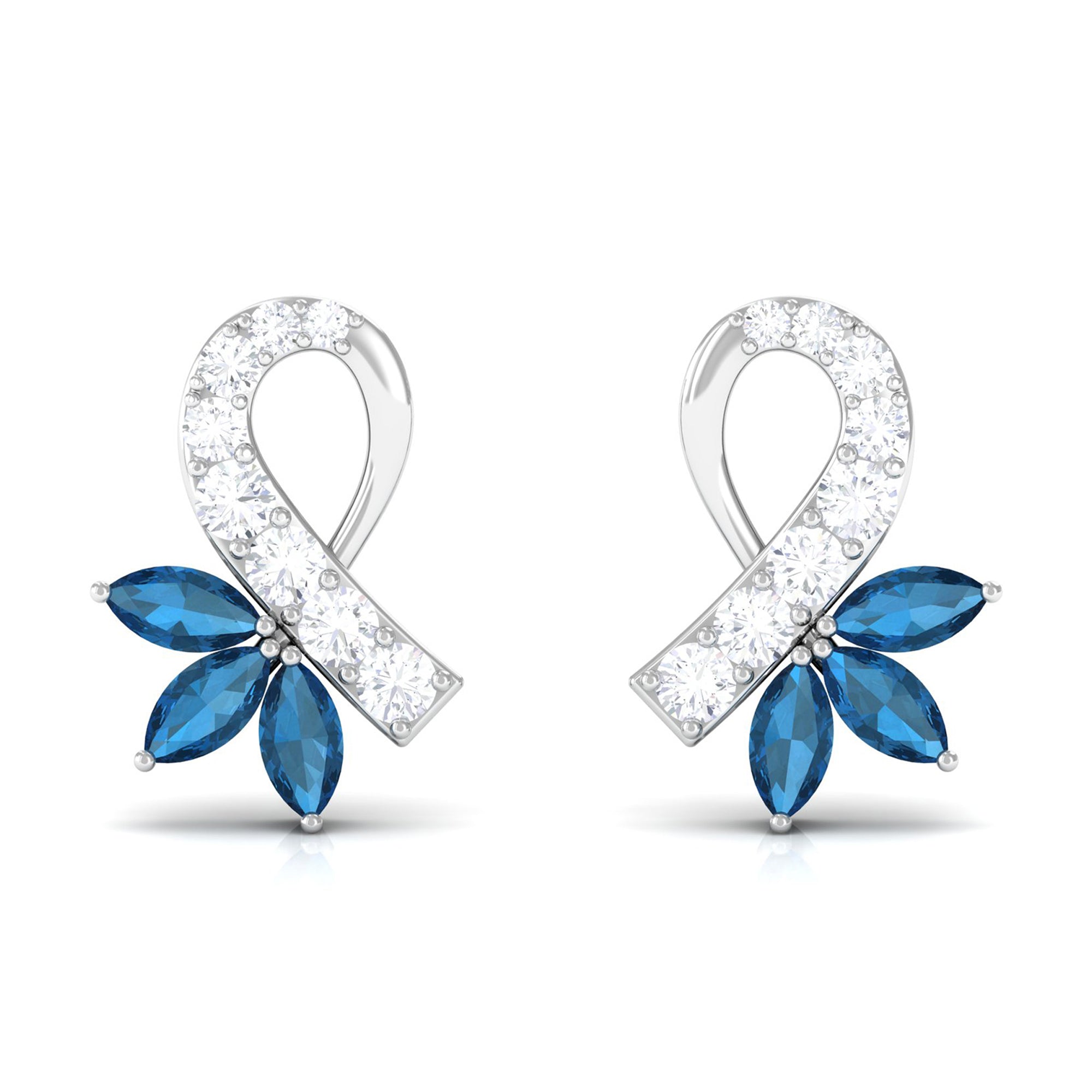 Floral Inspired London Blue Topaz and Diamond Stud Earrings London Blue Topaz - ( AAA ) - Quality - Rosec Jewels