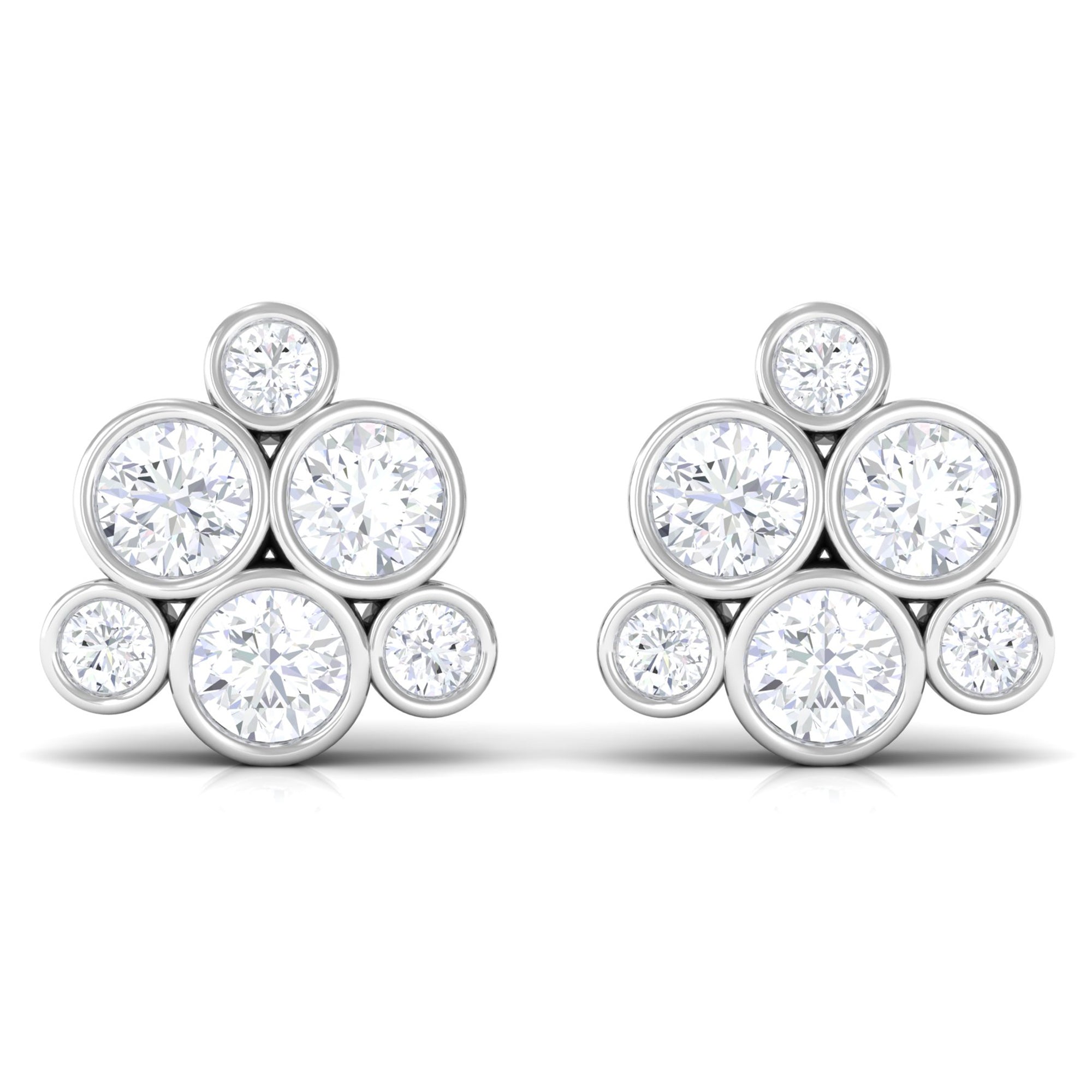 Cluster Stud Earrings with Bezel Set Round Cut Cubic Zirconia Zircon - ( AAAA ) - Quality - Rosec Jewels