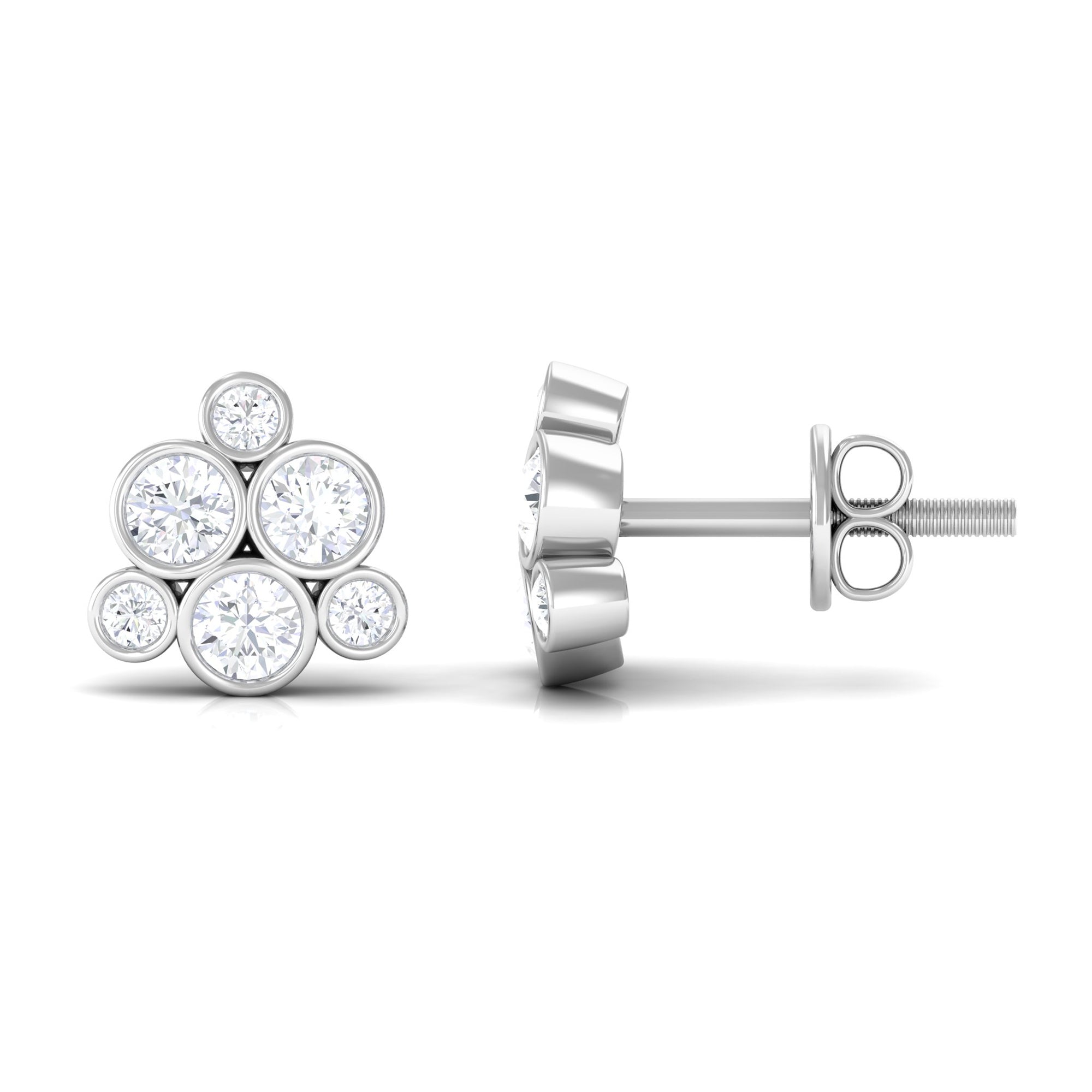 Cluster Stud Earrings with Bezel Set Round Cut Cubic Zirconia Zircon - ( AAAA ) - Quality - Rosec Jewels