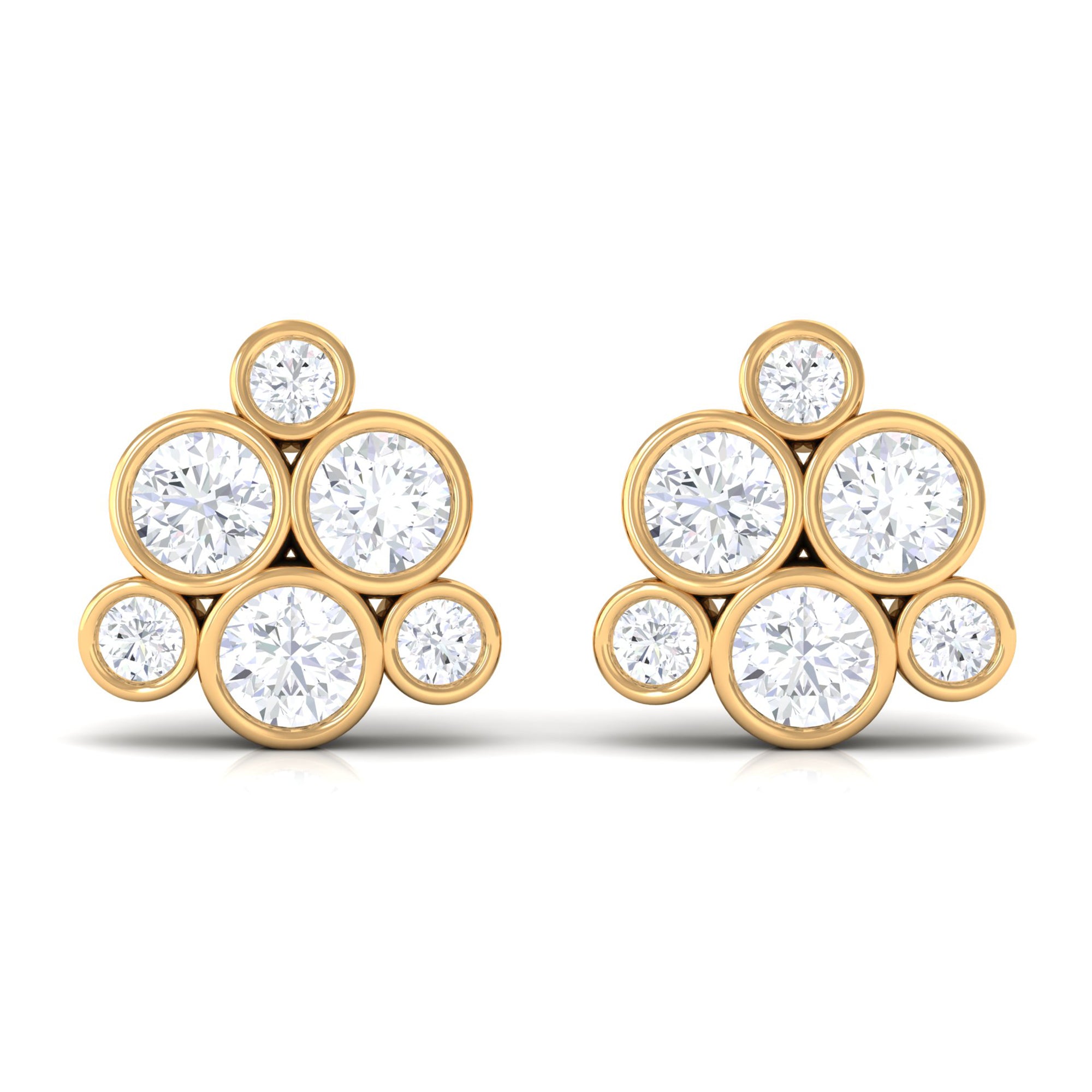 Cluster Stud Earrings with Bezel Set Round Cut Cubic Zirconia Zircon - ( AAAA ) - Quality - Rosec Jewels