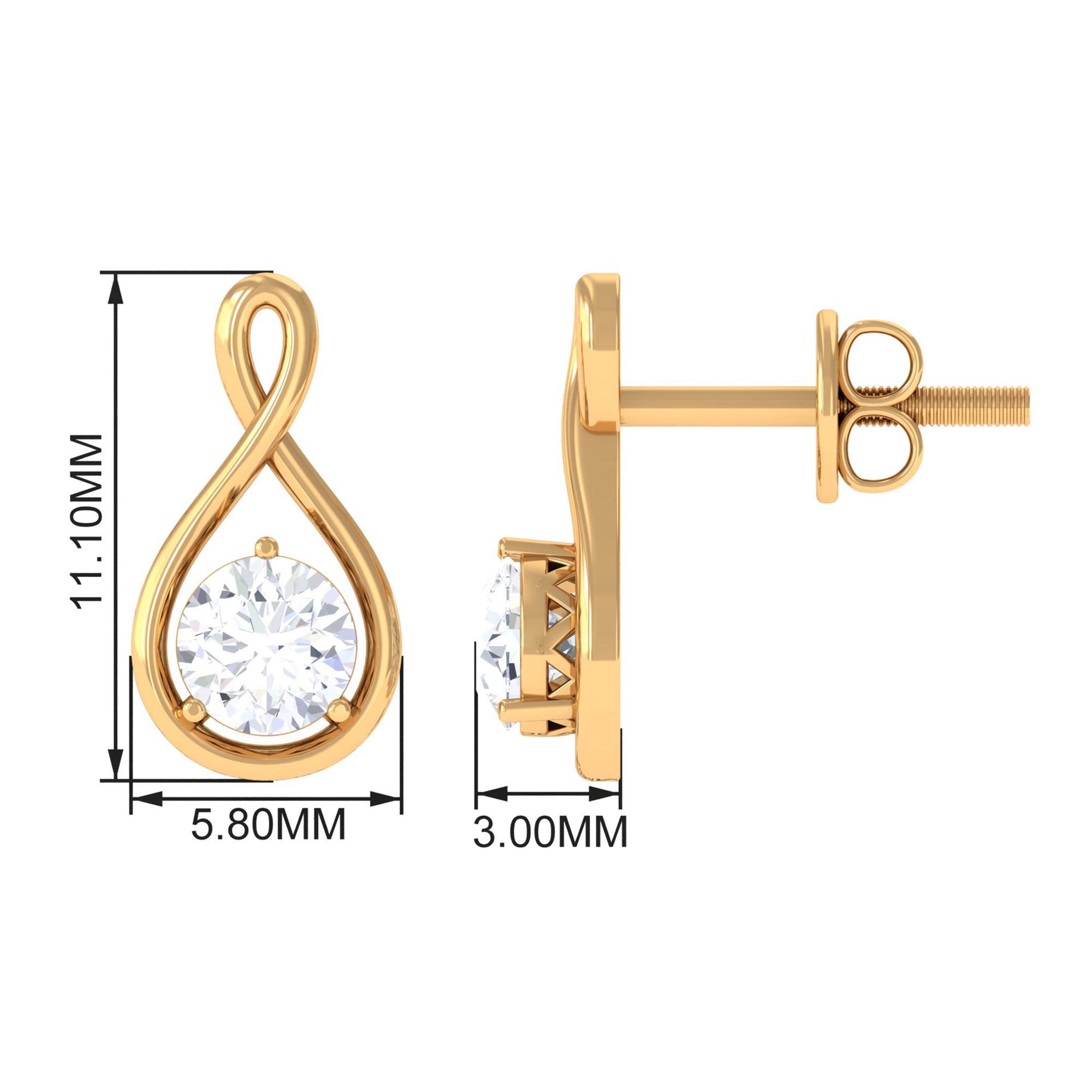 Round Simulated Diamond Gold Teardrop Stud Earrings Zircon - ( AAAA ) - Quality - Rosec Jewels