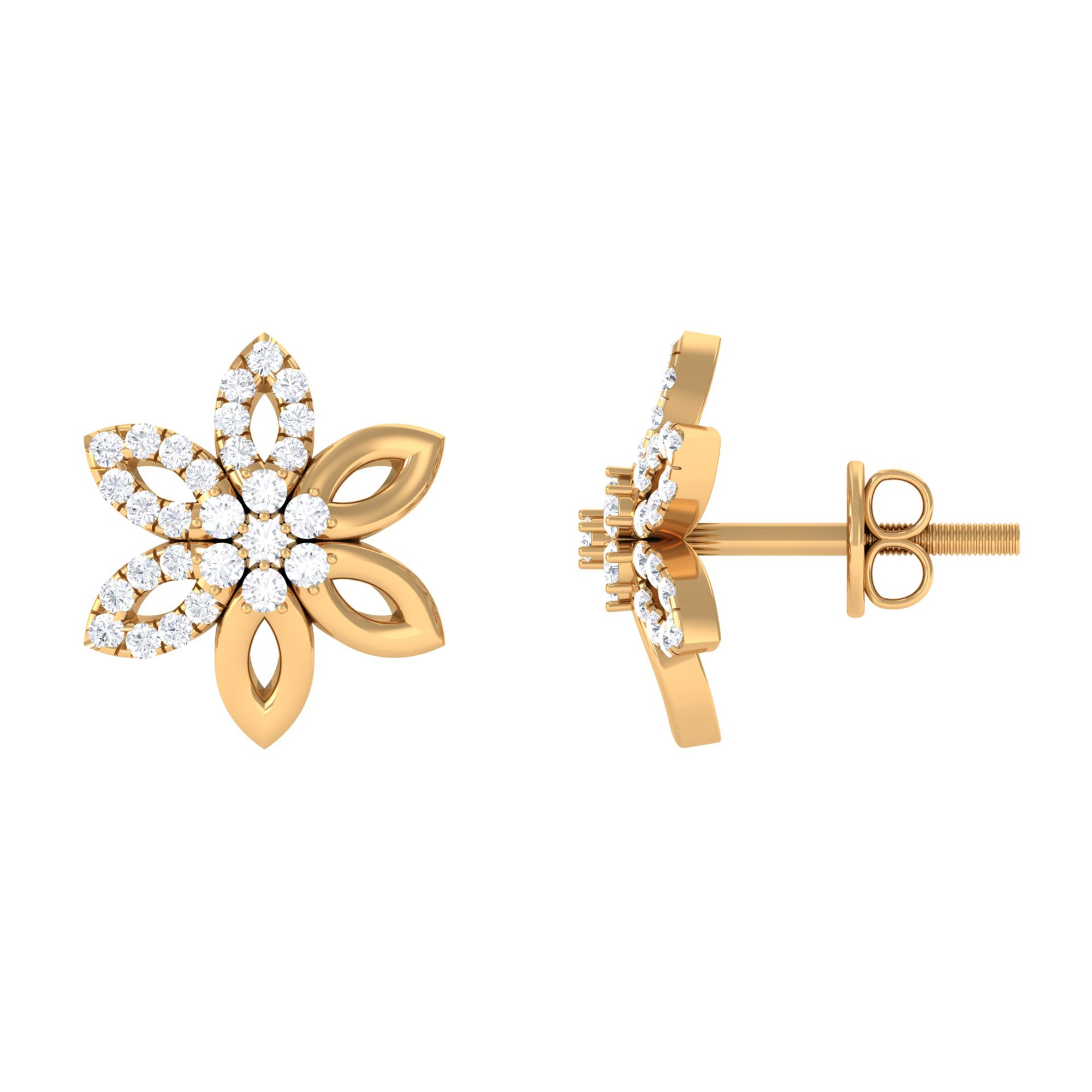 Cubic Zirconia Flower Stud Earrings with Screw Back Zircon - ( AAAA ) - Quality - Rosec Jewels