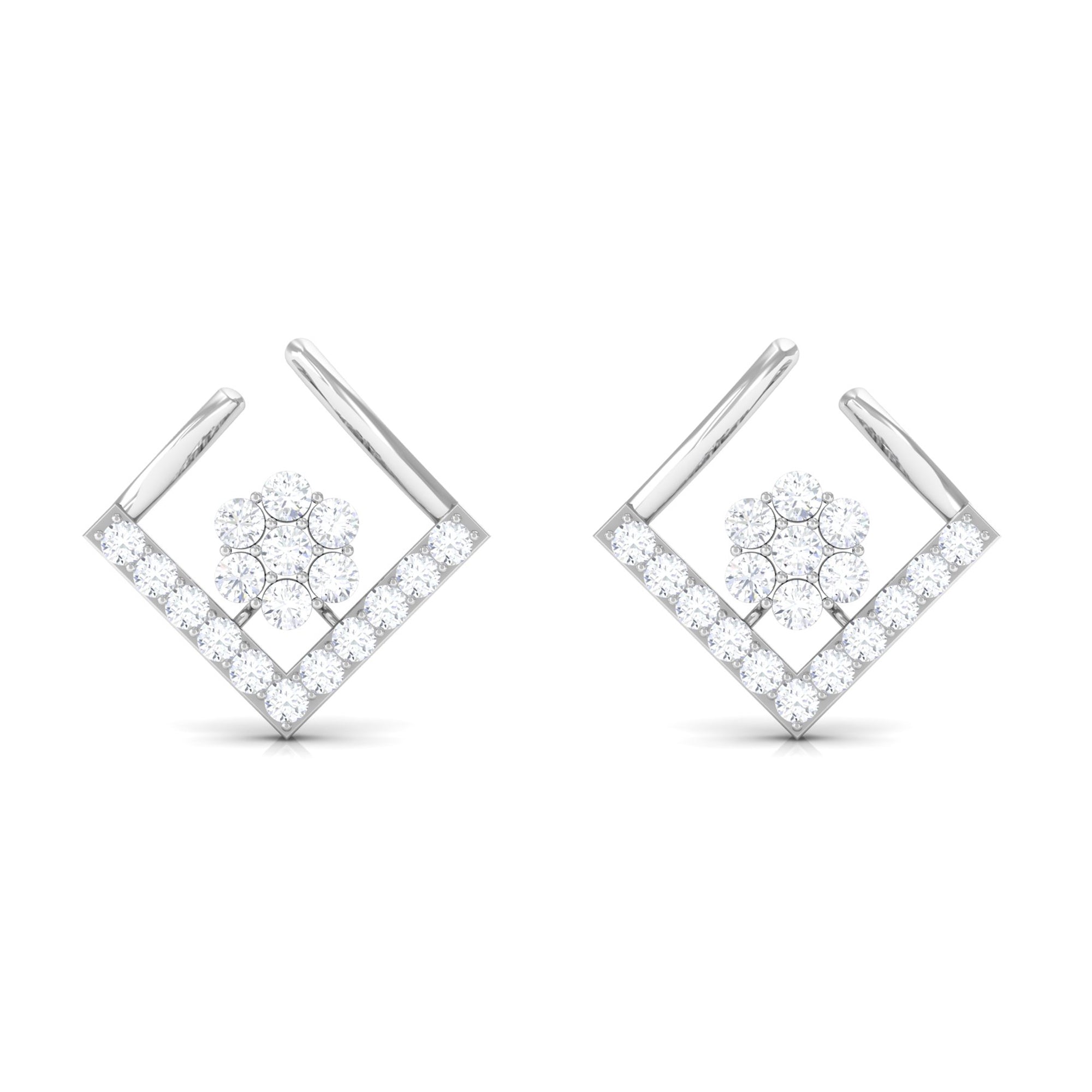 Open Rhombus and Zircon Flower Stud Earrings Zircon - ( AAAA ) - Quality - Rosec Jewels