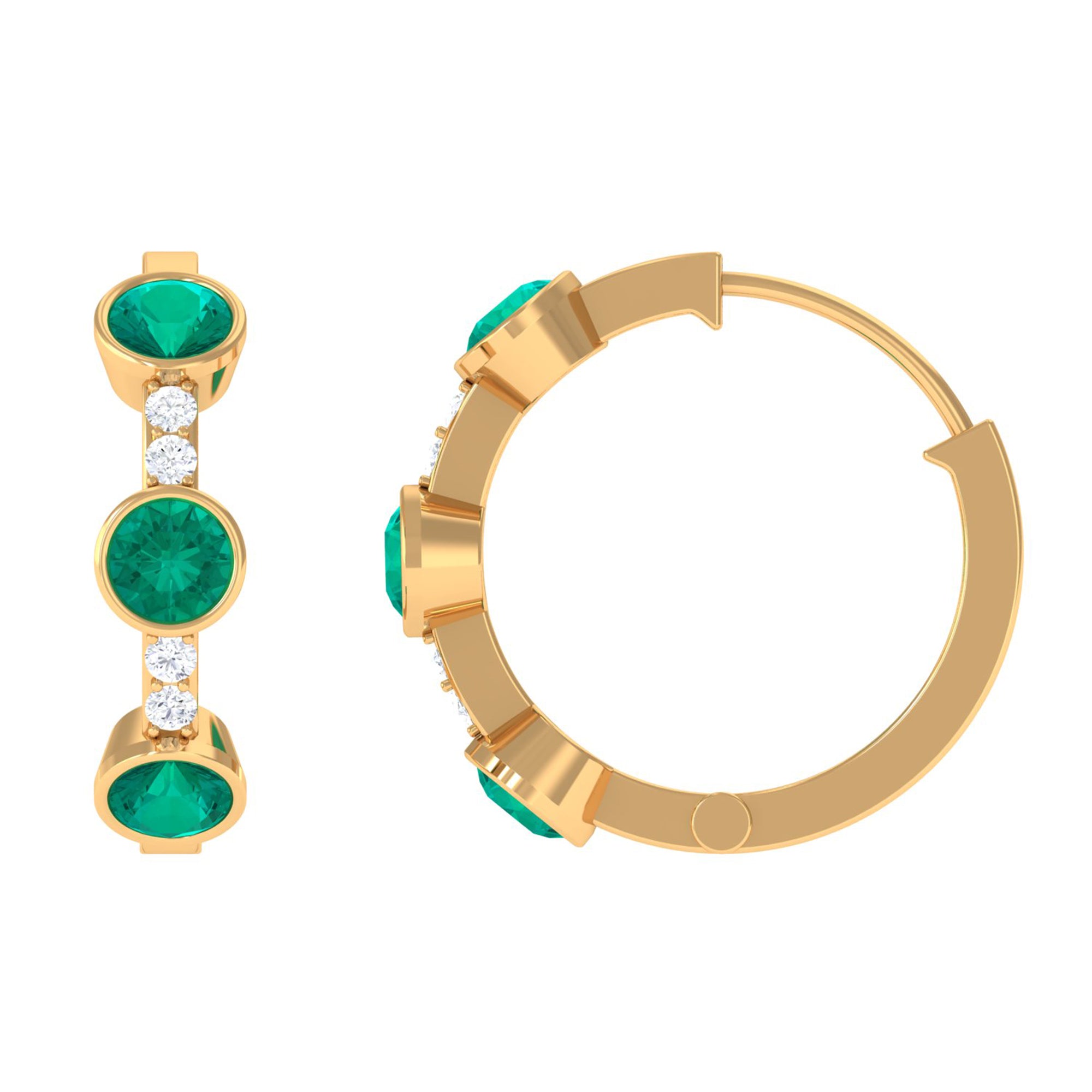 Bezel Set Emerald 3 Stone Hinged Hoop Earrings with Diamond Emerald - ( AAA ) - Quality - Rosec Jewels